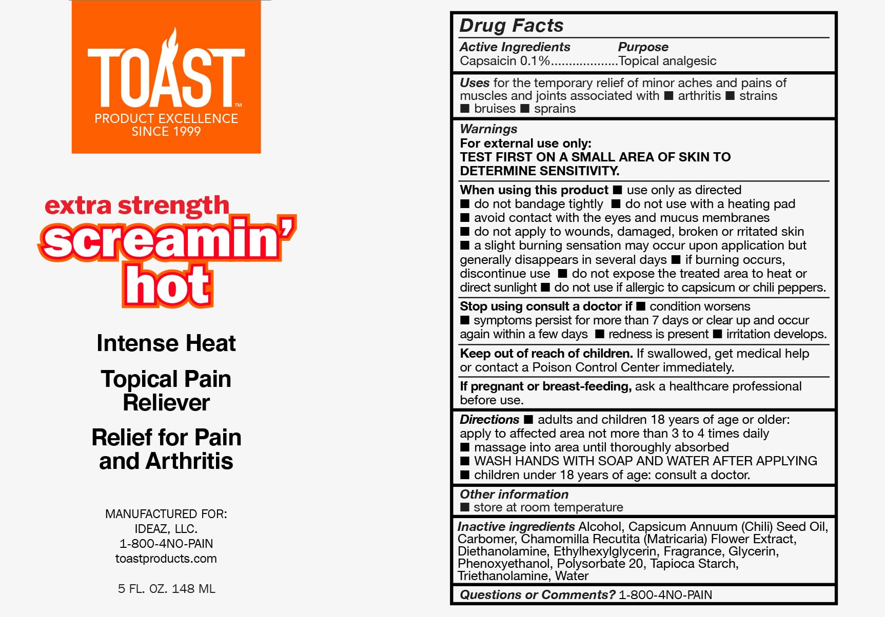 Toast Extra Strength Screamin Hot Intense Heat Topical Pain Relief Cream for Muscles and Joints - 5 Ounces Toast uk supplements