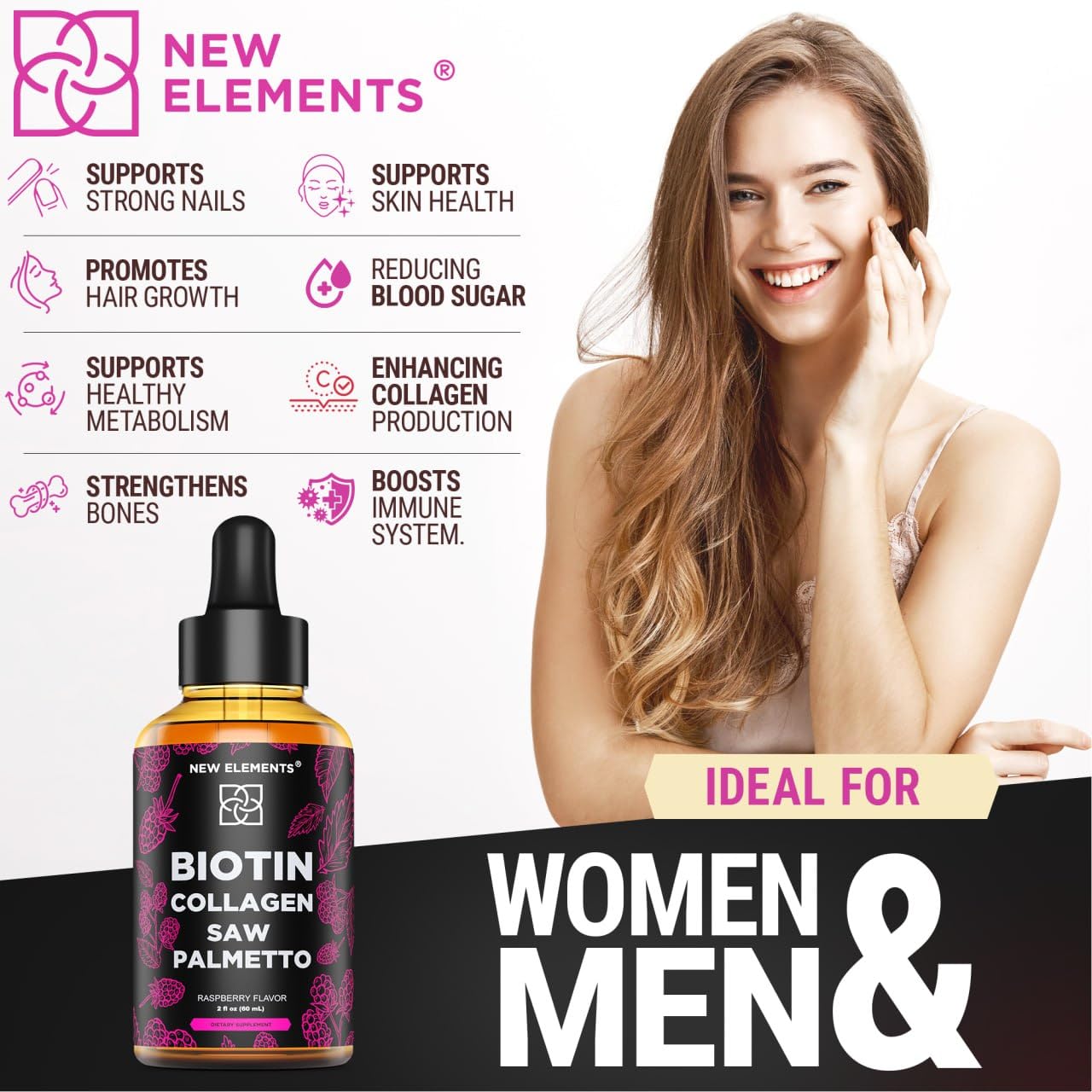 Liquid Biotin with Collagen & Saw Palmetto Extract for Women and Men | Hair Growth New Elements uk supplements