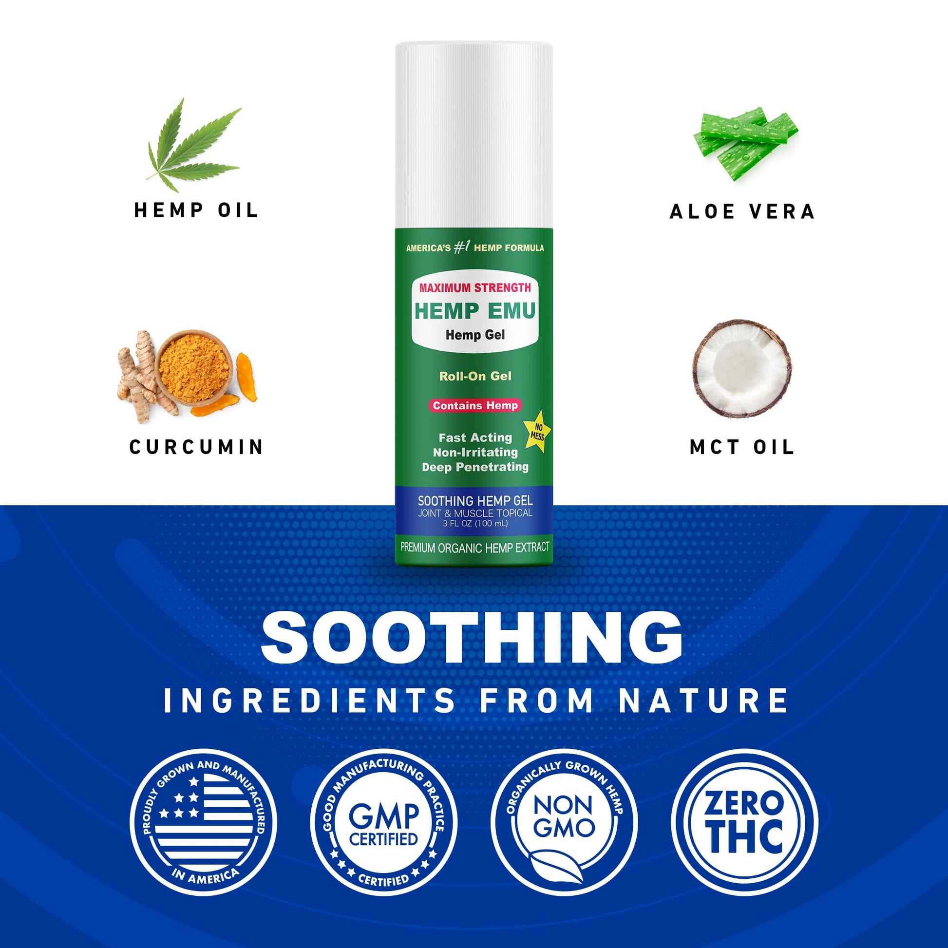 Hemp Emu - Hemp Roll On Gel - Muscle Rub for Back & Joint Discomfort - Soothing Gel with Organic Hemp Oil, Emu Oil, Menthol, Eucalyptus, Aloe Vera Hemp Emu uk supplements