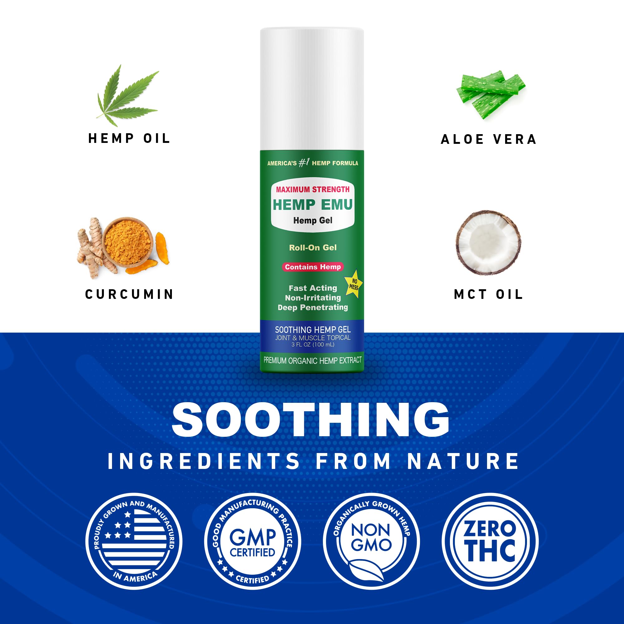 Hemp Emu - Hemp Roll On Gel - Muscle Rub for Back & Joint Discomfort - Soothing Gel with Organic Hemp Oil, Emu Oil, Menthol, Eucalyptus, Aloe Vera Hemp Emu uk supplements