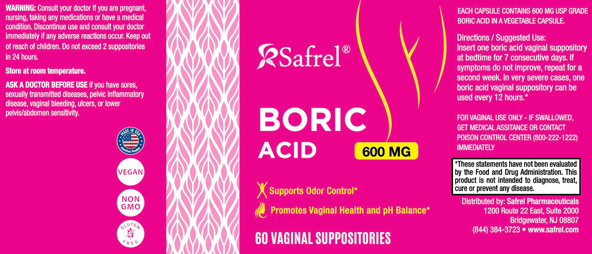 Safrel Boric Acid Vaginal Suppositories - 100% Pure Made in USA - Intimate Health Support, Vaginal Health and pH, Odor Control (60 Count) Safrel uk supplements