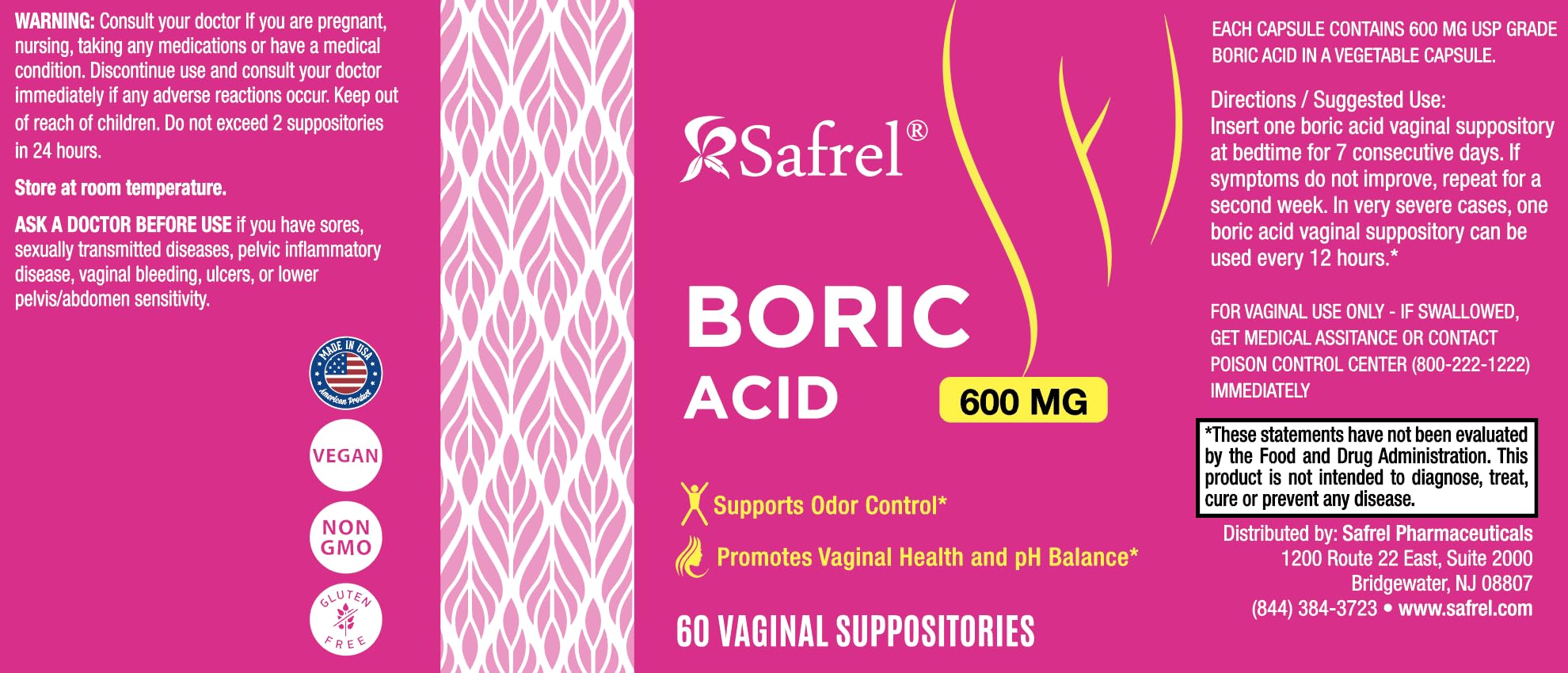 Safrel Boric Acid Vaginal Suppositories - 100% Pure Made in USA - Intimate Health Support, Vaginal Health and pH, Odor Control (60 Count) Safrel uk supplements