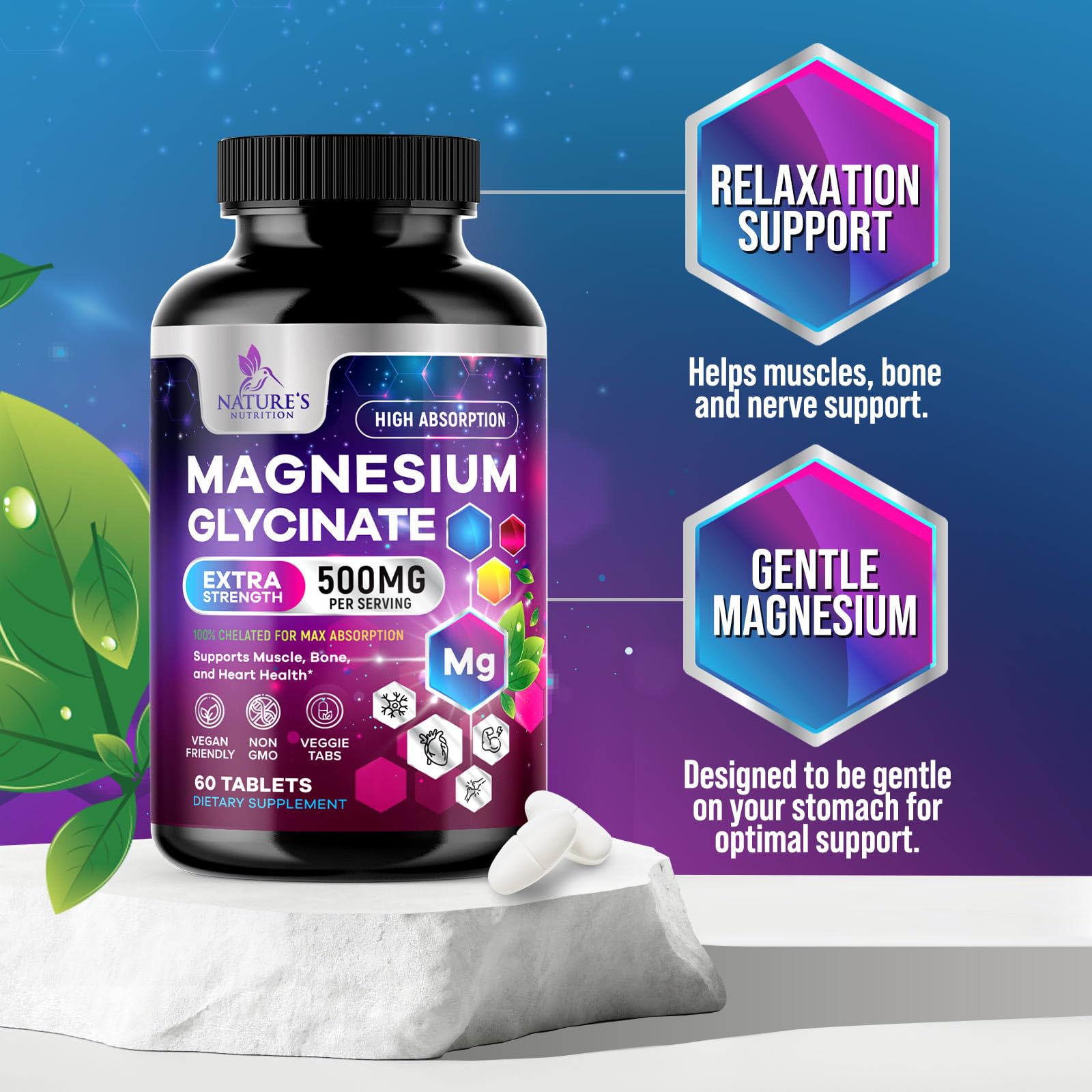 Magnesium Glycinate Supplement - 500mg Magnesium Per Serving - 100% Chelated & Purified - Supports Sleep, Heart Health, & Muscle Strength - Best Absorption Magnesium, Bottled in USA - 60 Tablets Nature's Nutrition uk supplements