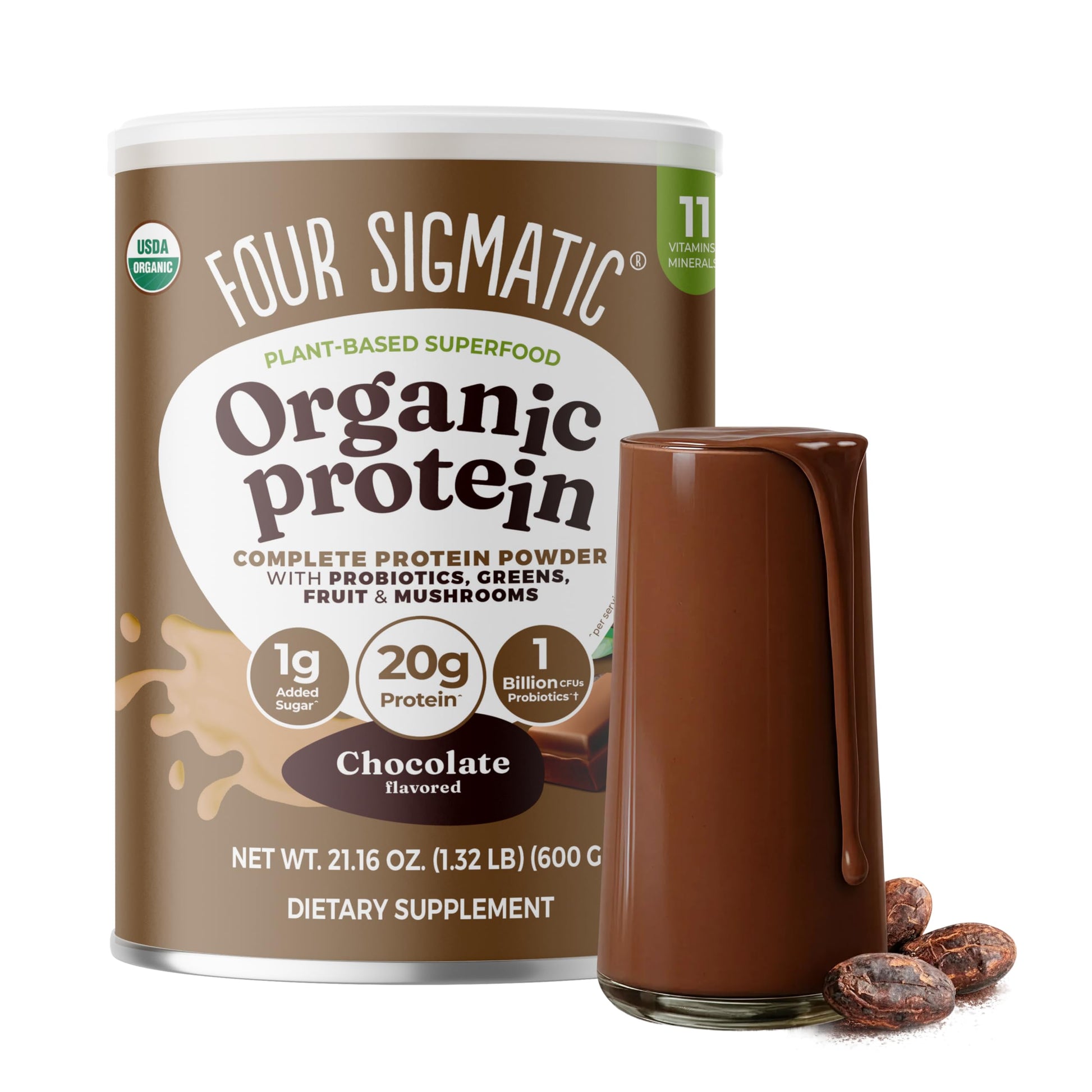 Four Sigmatic Organic Plant-Based Protein Powder | Clean Vegan Protein Elevated with Lion’s Mane, Chaga, Cordyceps and More for Brain Function and Immune Support | Creamy Cacao, 21.16 oz Four Sigmatic uk supplements