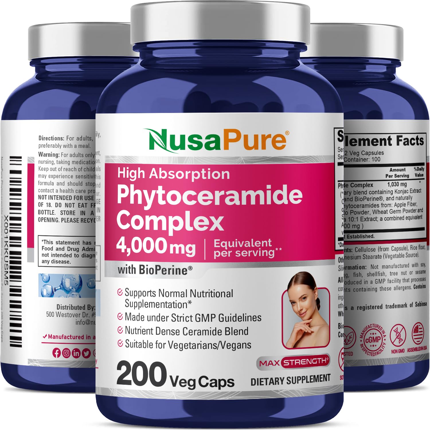 NusaPure Phytoceramide Complex 10:1 Extract, 1030 mg Equivalent to 4000 mg 200 Veggie Capsules (Non-GMO) Bioperine NusaPure uk supplements