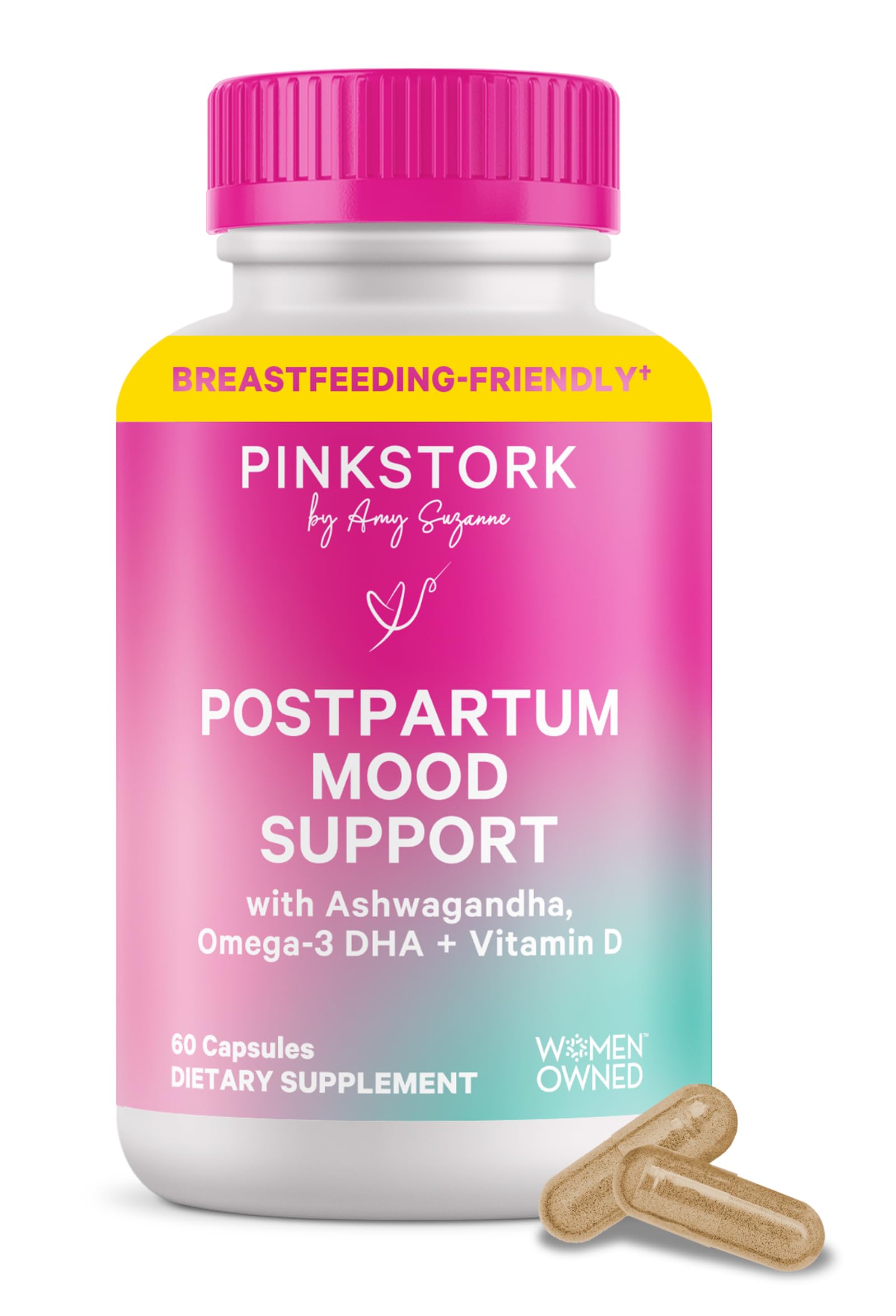 Pink Stork Postpartum Mood Support - Postnatal Hormone Balance for Women - Breastfeeding Friendly - Stress & Cognitive Support, New Mom Essentials - Ashwagandha, Chamomile, & Vitamin D, 60 Capsules Pink Stork uk supplements