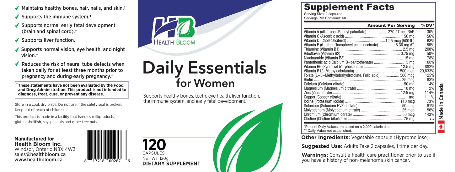 Daily Essentials for Women| 120 Capsules | Health Bloom | Vitamins and Minerals Capsules | Health Bloom Inc. uk supplements