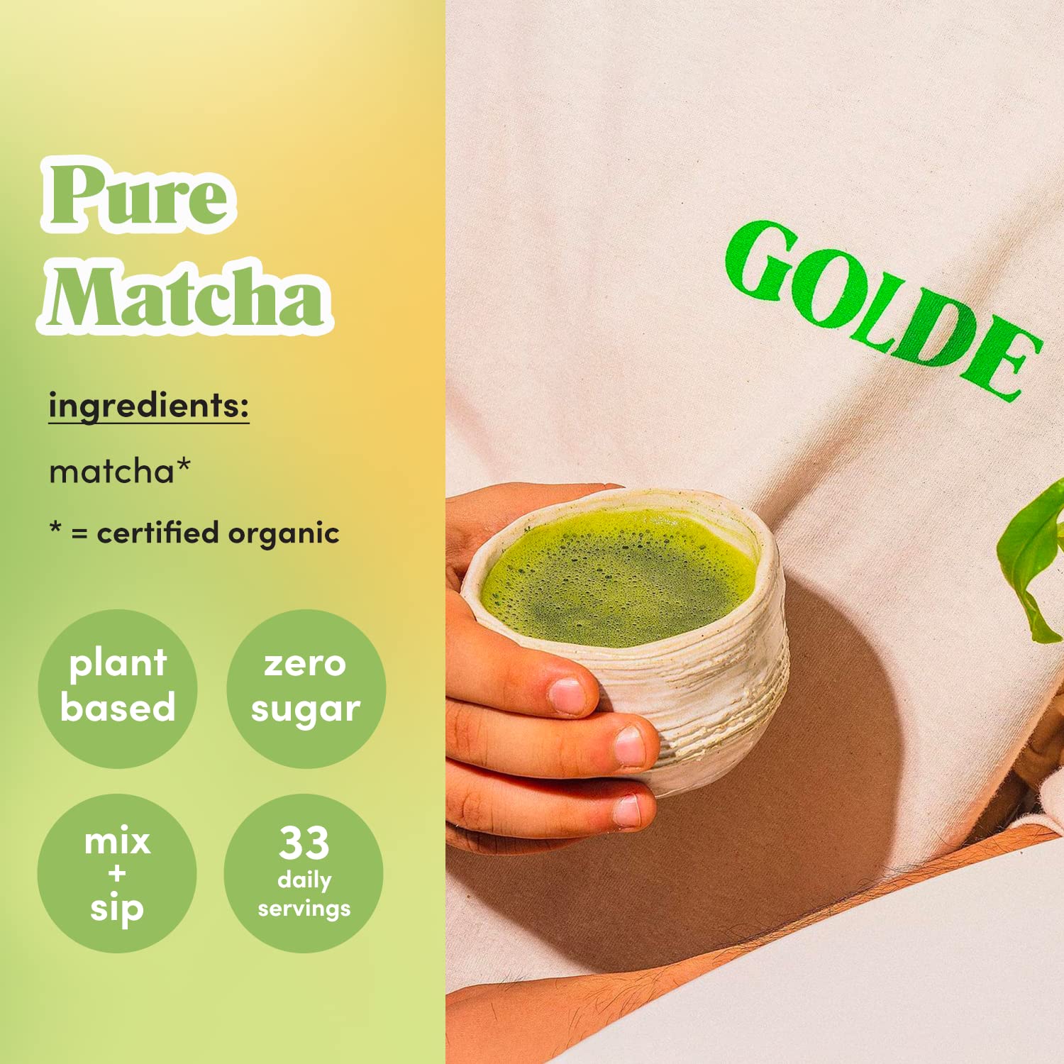 GOLDE - Pure Matcha - Ceremonial Grade Matcha Powder - Green Tea Superfood w/L-Theanine & Antioxidants - 60mg Caffeine - Jitter Free Energy - 100g Pouch GOLDE uk supplements