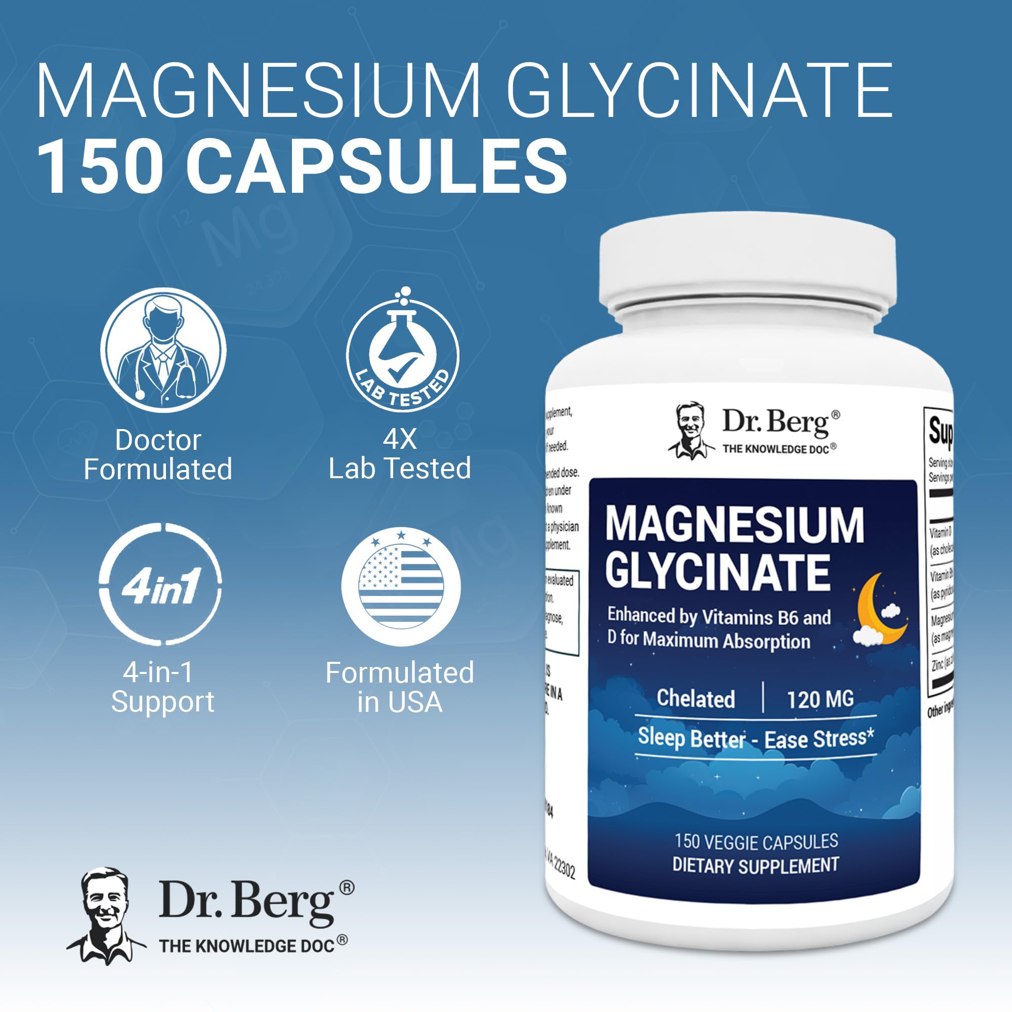 Dr. Berg Magnesium Glycinate 150ct – 4-in-1 Chelated for Muscle, Nerve, Sleep & Stress Support*– w/ D3, B6 & Zinc – 4X Lab-Tested – No Fillers – Formulated in USA, GMP-Certified Dr. Berg Nutritionals uk supplements