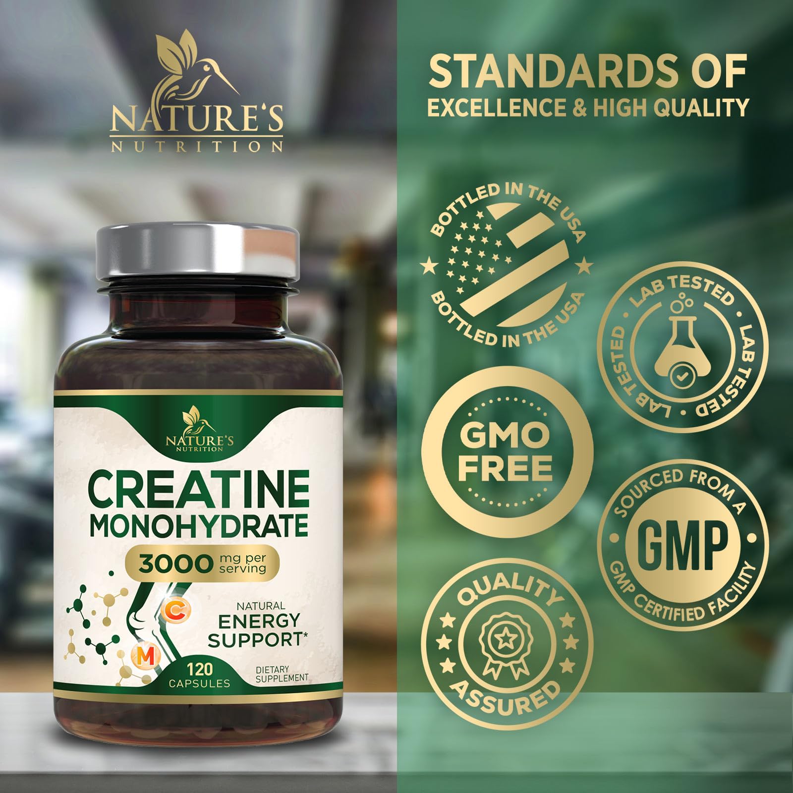 Creatine Monohydrate Capsules 3000mg Per Serving – Micronized Creatine Powder - Supports Lean Muscle, Strength, Energy, & Endurance - Nature's Supplement, Non-GMO, Bottled in USA - 120 Capsules Nature's Nutrition uk supplements