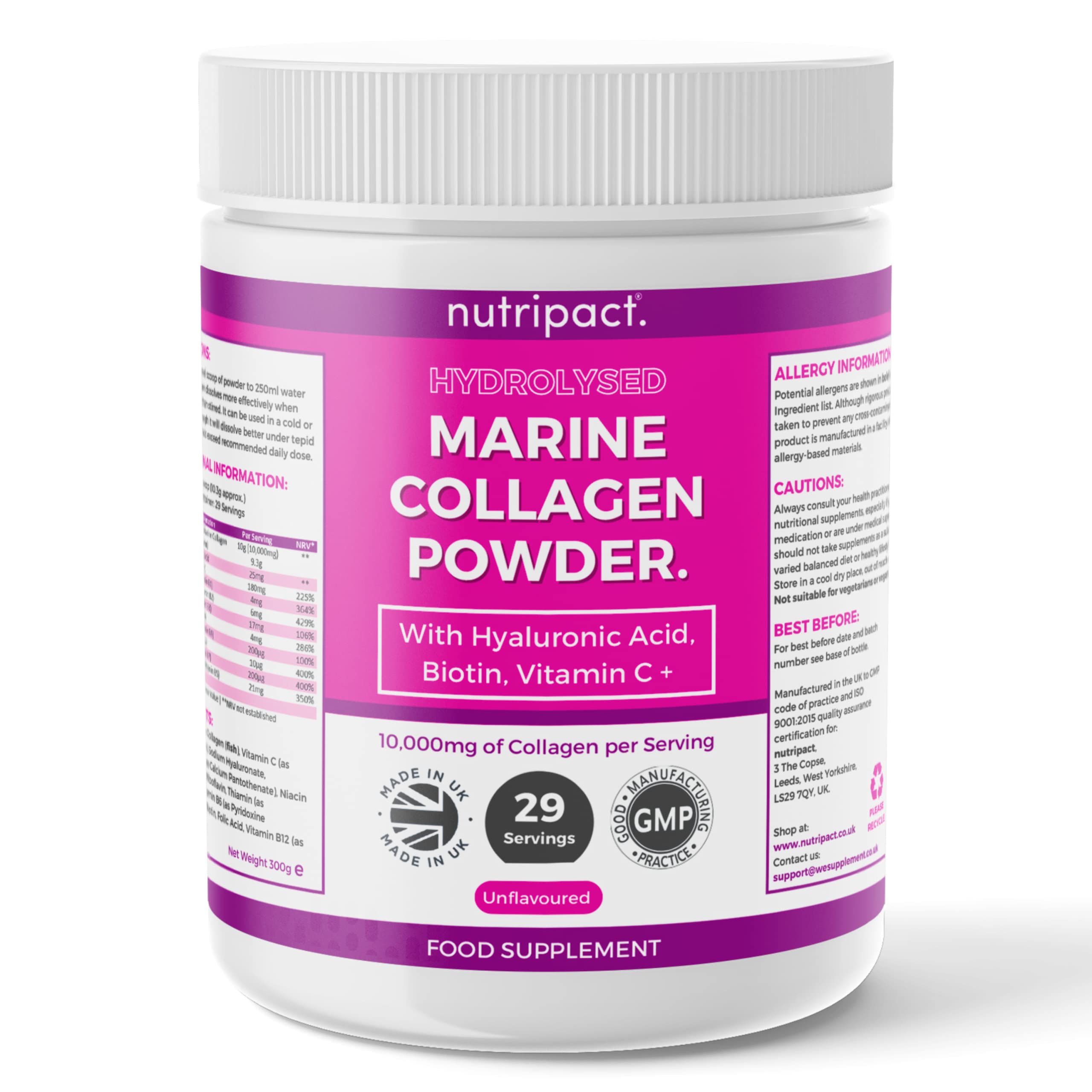 Hydrolysed Marine Collagen Peptides Powder with Hyaluronic Acid, Biotin, Vitamin C & B Vitamins – 10,000mg Collagen nutripact uk supplements