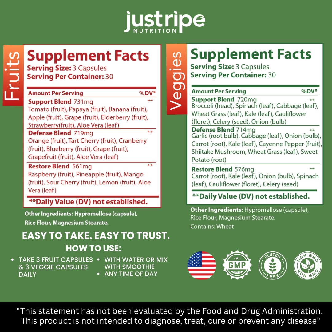 Fruits and Veggies Supplement - 90 Fruit and 90 Vegetable Capsules - 100% Whole Natural Superfood - Filled with Super Greens Vitamins and Minerals - Supports Balance Energy Levels (1 Pack) Just Ripe Nutrition uk supplements