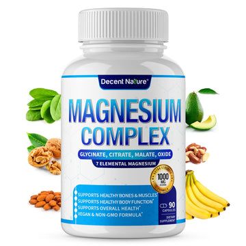 Magnesium Complex 7 Elemental Magnesium Supplement 1000mg – Magnesium Glycinate, Citrate, Malate, Taurate, Oxide, Aspartate, Orotate Non-GMO 90 Capsules DECENT NATURE uk supplements