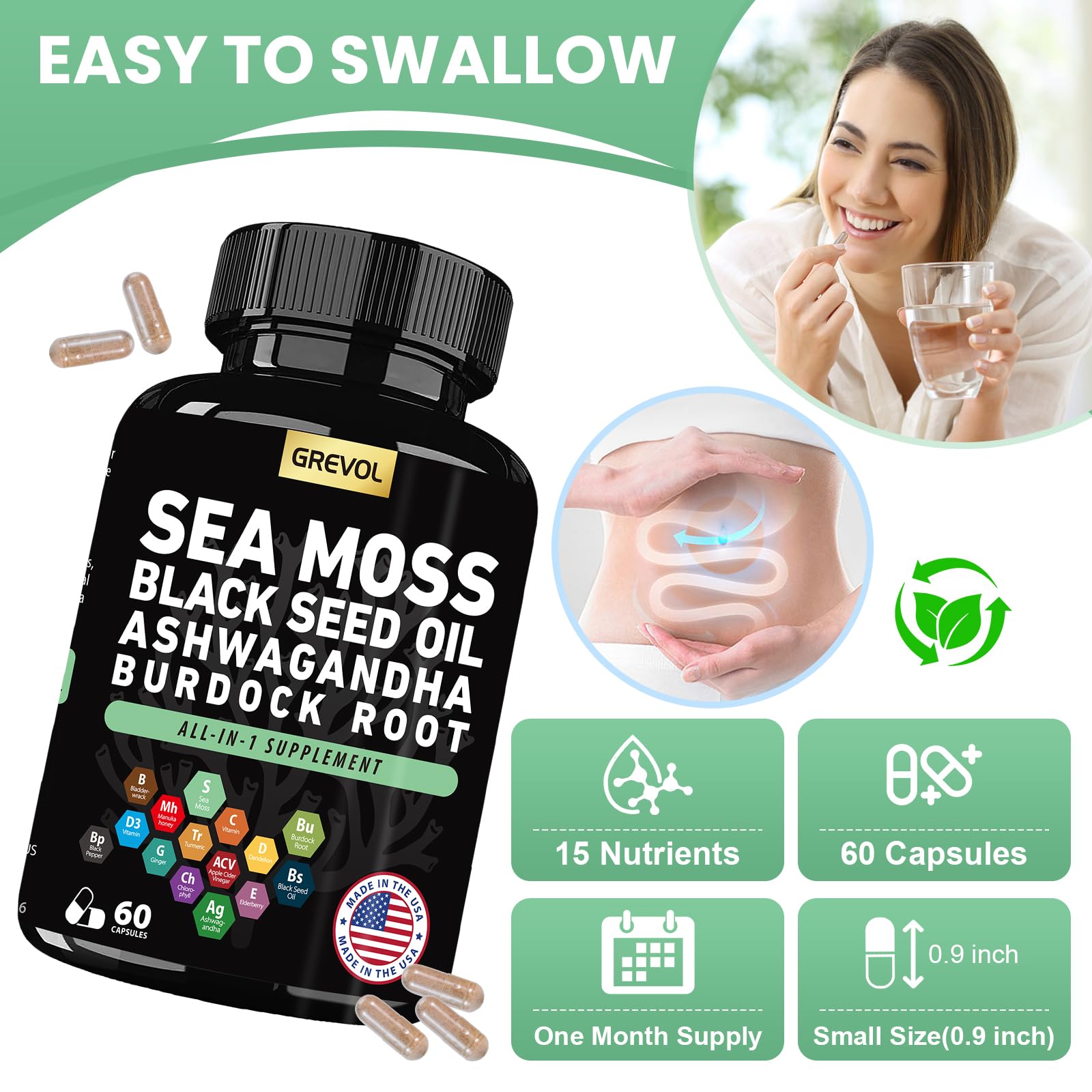 Sea Moss Black Seed Oil Ashwagandha Bladderwrack Burdock Root Turmeric & Vitamin C D3 Elderberry ACV Black Pepper - Multimineral Supplement - 60 Count Grevol uk supplements