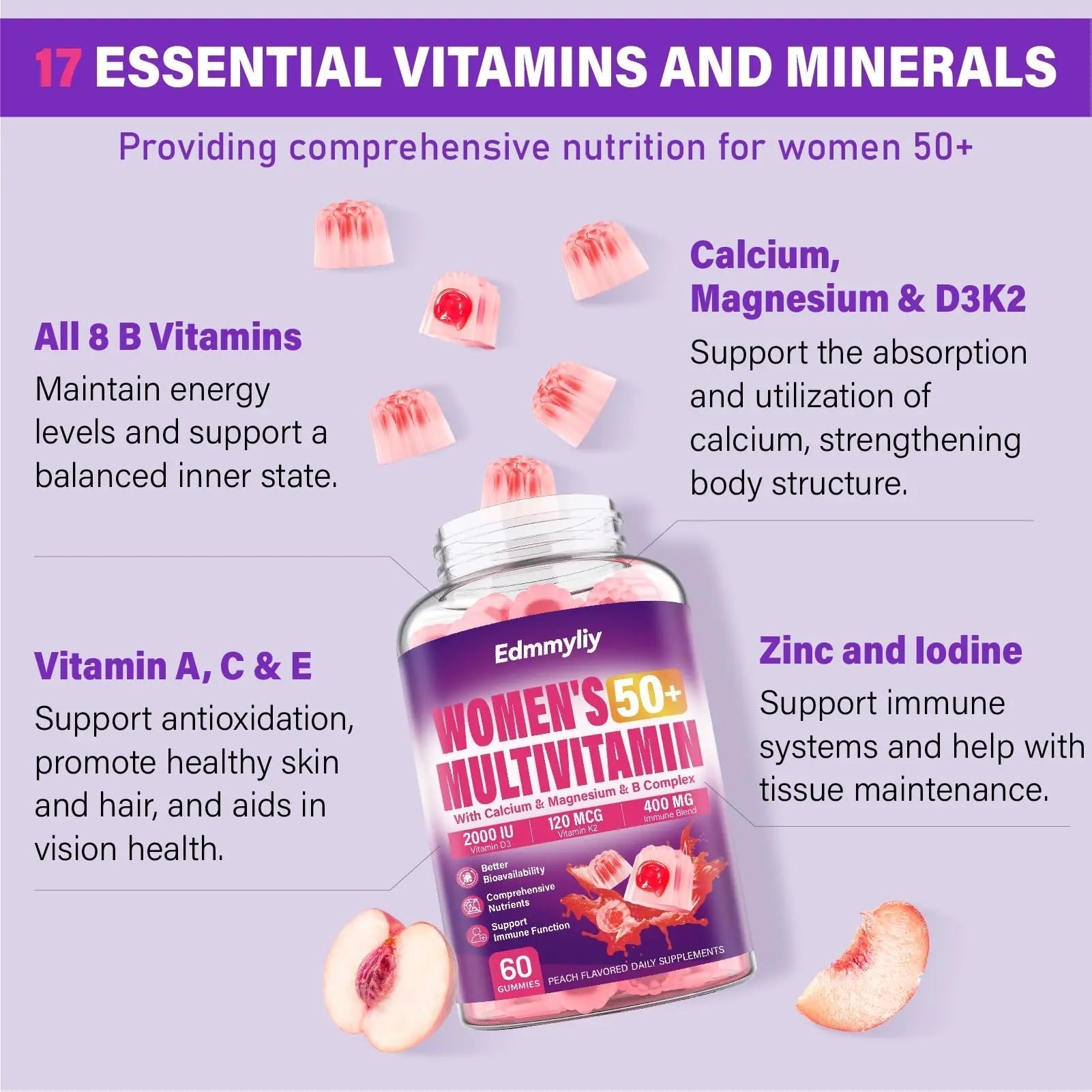 Womens Multivitamin Gummy 50 and Over - Chewable Multi Vitamin A, C, D3, E, K2 & B Complex, Folate, Biotin, Calcium, Magnesium Edmmyliy uk supplements