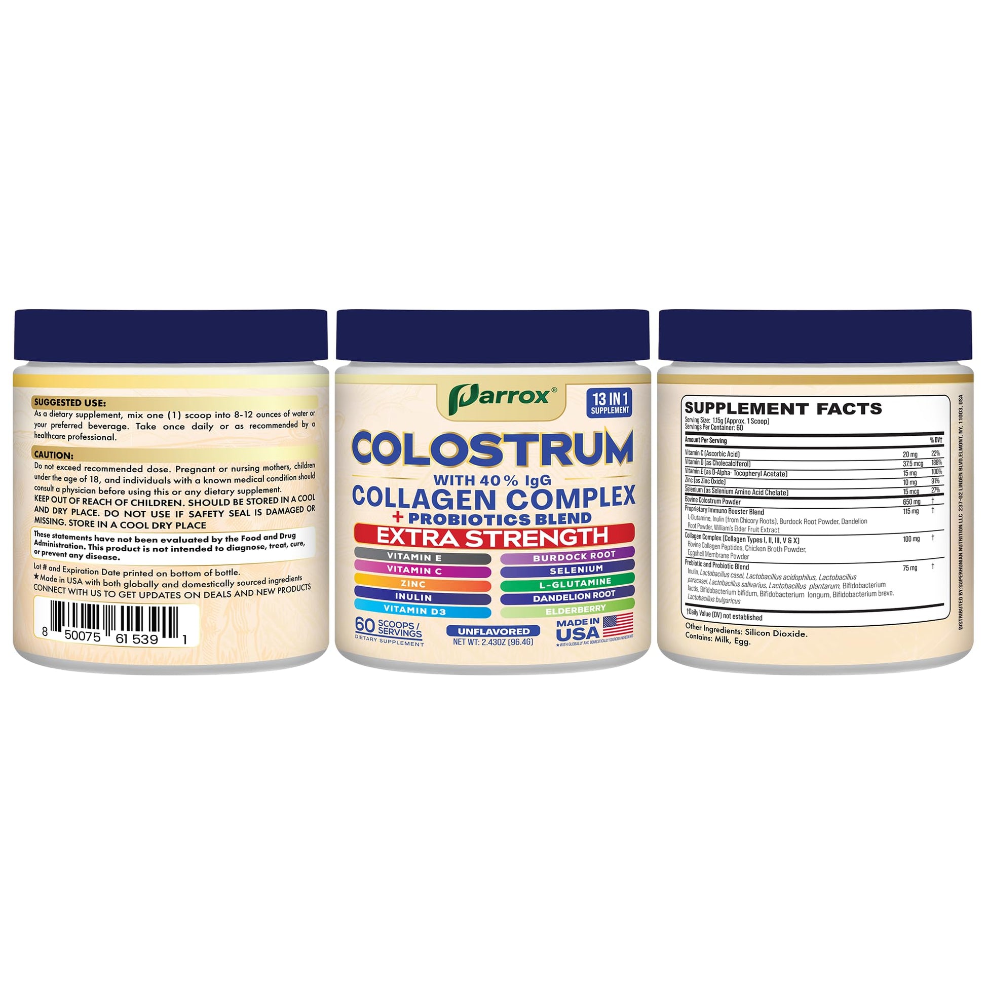 Parrox Colostrum Powder with 40% IgG, Collagen, Probiotics, Burdock Root, L-Glutamine, Elderberry, Vitamin C, Vitamin E, Vitamin D3, Inulin, Selenium, Dandelion Root, Zinc, 60 Servings (Unflavored) Parrox uk supplements