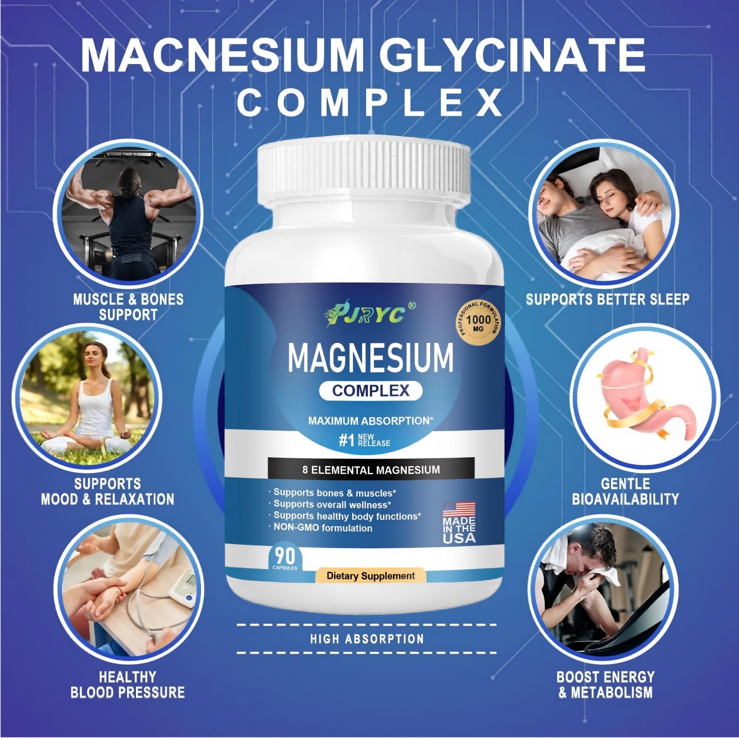 Magnesium Complex Supplement - 1000mg with 8 Magnesium Forms: Glycinate, Citrate, Malate, Taurate & Orotate - Supports Muscle Function, Bone Strength & Relaxation - Vegan, Non-GMO - 180 Capsules PJRYC uk supplements