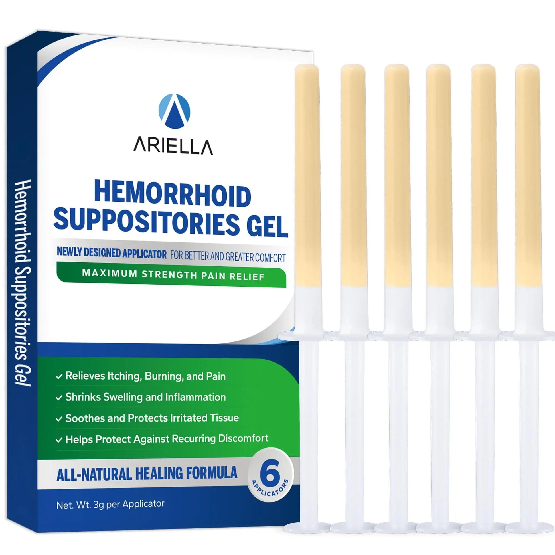 Ariella Hemorrhoid Treatment Suppository Gel: Natural & Herbal - Relieve Itching Burning Discomfort - Internal Relief - New Rounded Applicator - Nighttime Use (Pack of 6) Ariella uk supplements