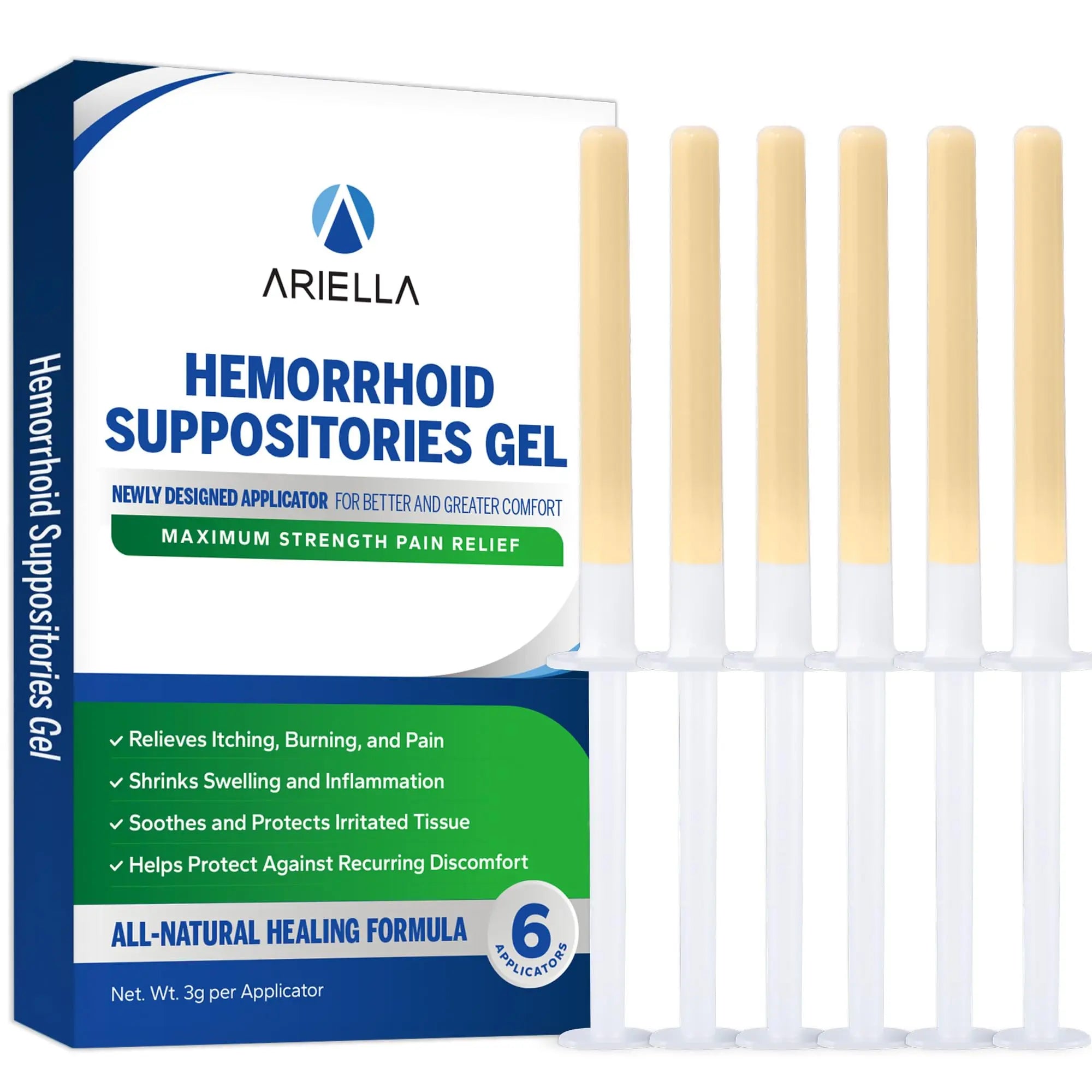Ariella Hemorrhoid Treatment Suppository Gel: Natural & Herbal - Relieve Itching Burning Discomfort - Internal Relief - New Rounded Applicator - Nighttime Use (Pack of 6) Ariella uk supplements