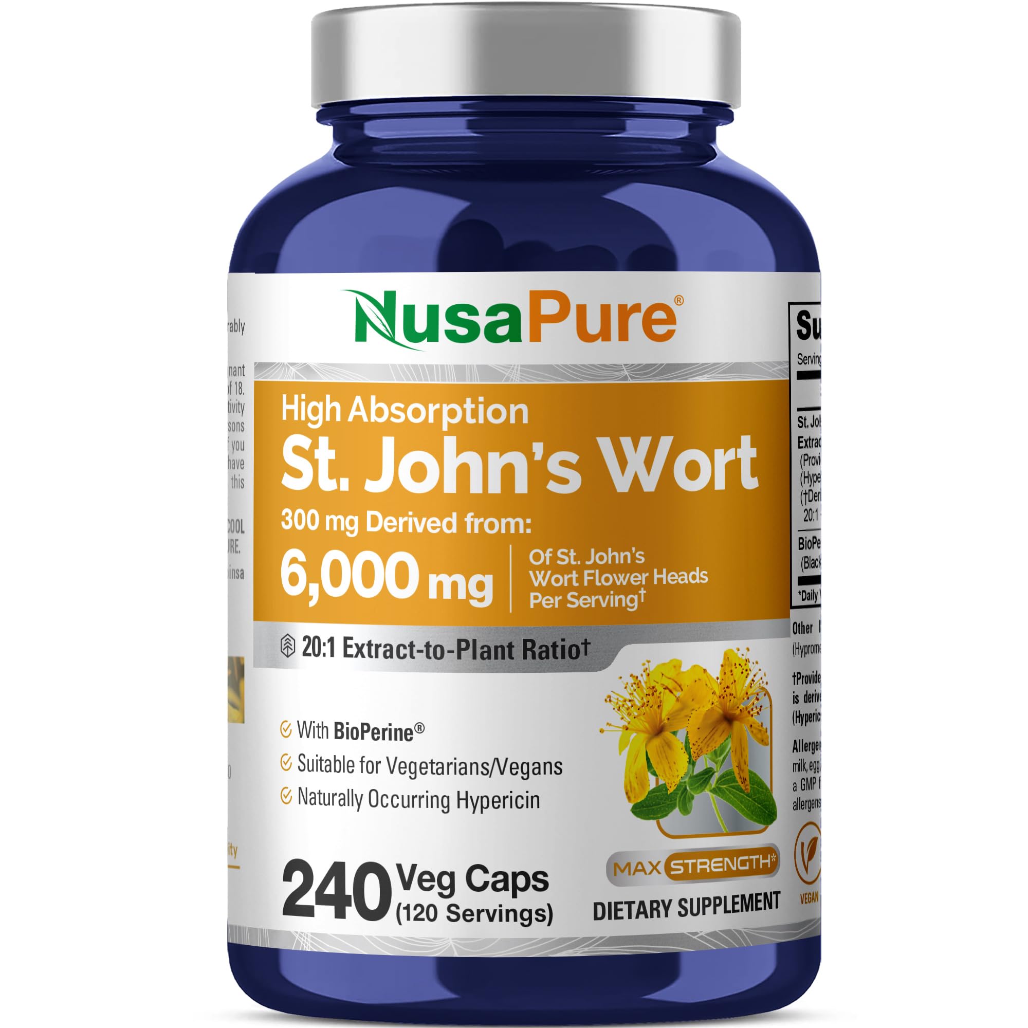 NusaPure St. John's Wort 20:1 Extract, 300 mg Equivalent to 6,000mg 240 Veggie Capsules (Vegetarian, Non-GMO & Vegan) Bioperine NusaPure uk supplements