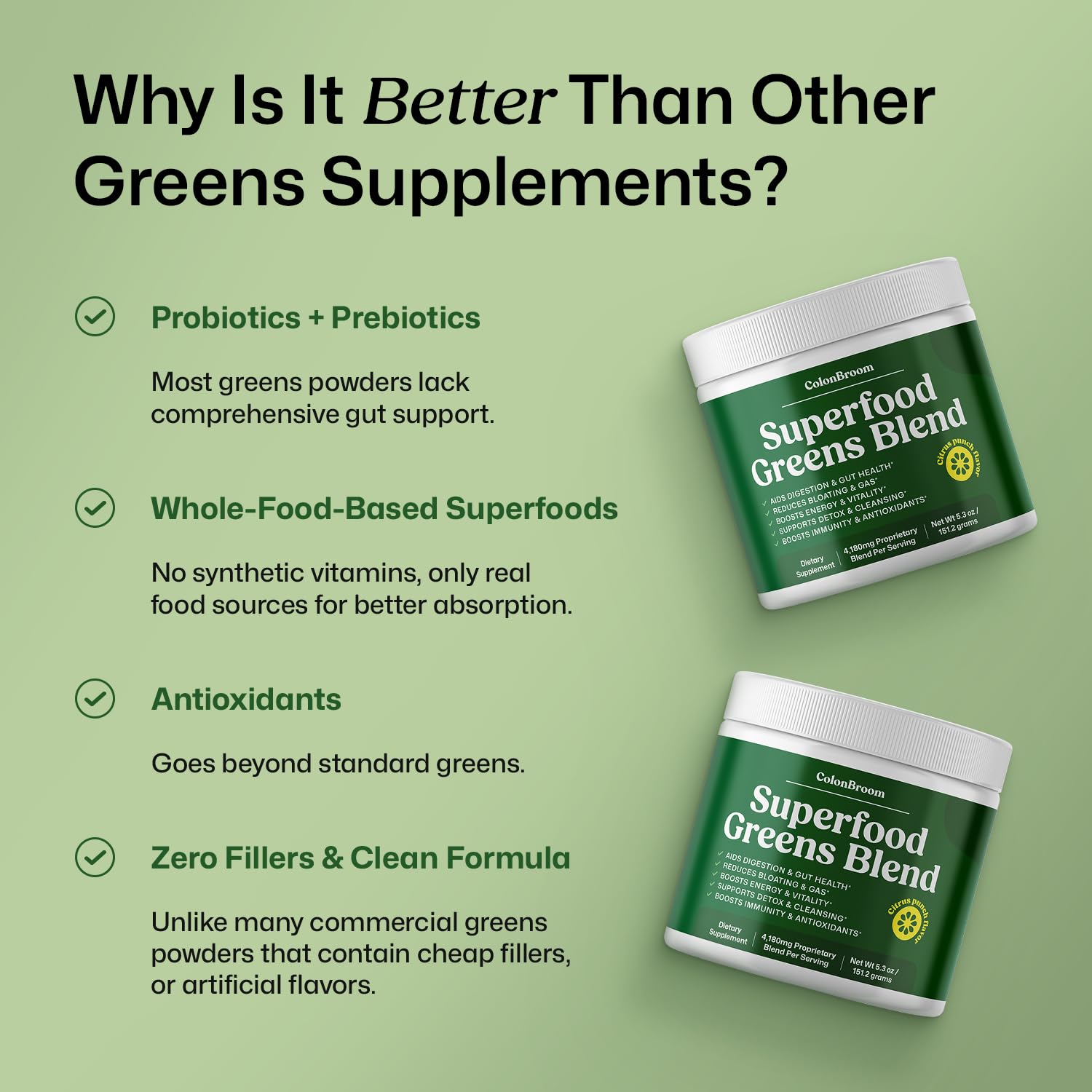 ColonBroom Superfood Greens Powder Supplement | Super Greens Juice Powder with Probiotics, Prebiotics, Spirulina & Chlorella | Natural for Energy, Immunity, Digestion & Detox Support | 28 Servings ColonBroom uk supplements