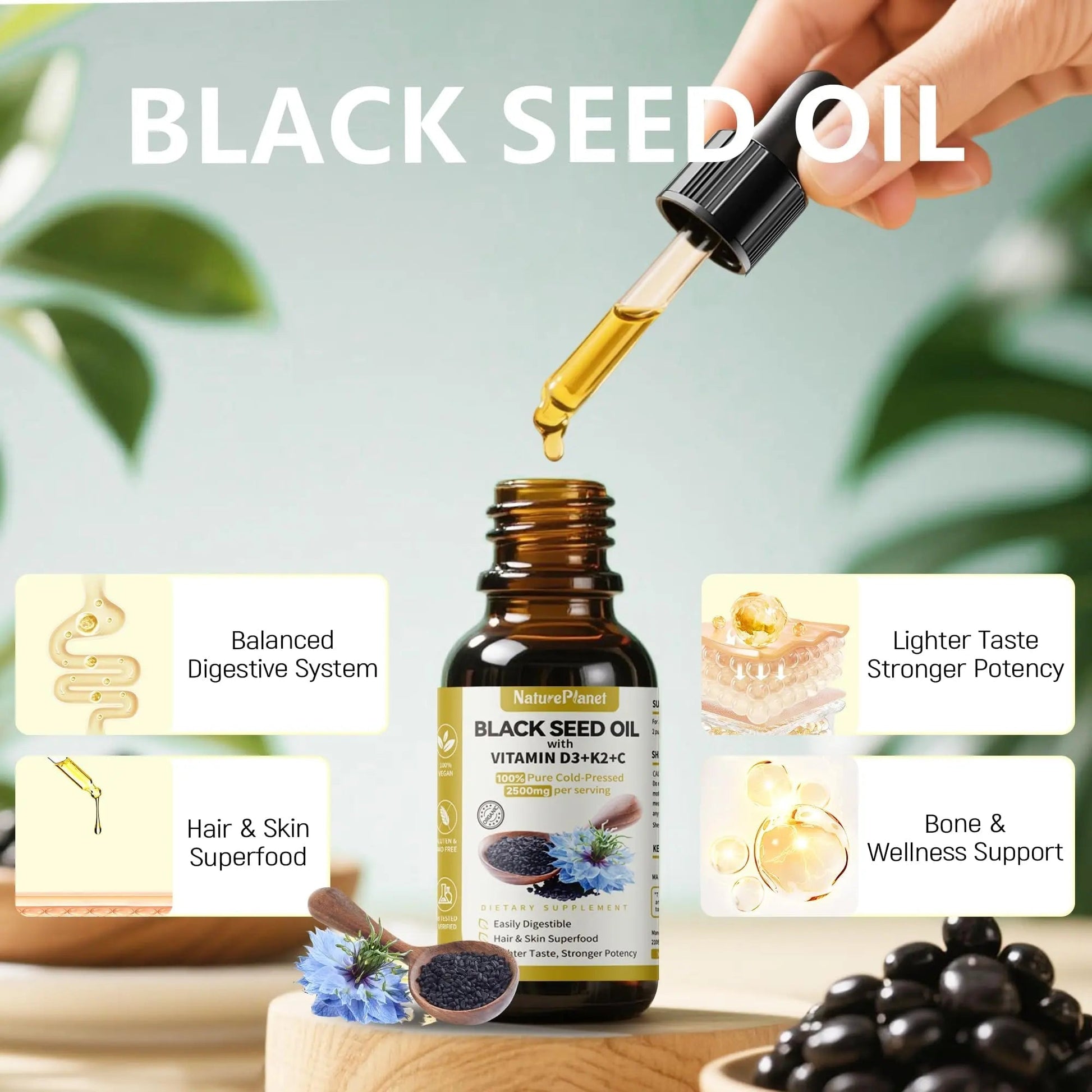 NaturePlanet Organic Soursop Bitters and Black Seed Oil Drops Bundles with Vitamins D3, K2, B6, C | NaturePlanet uk supplements