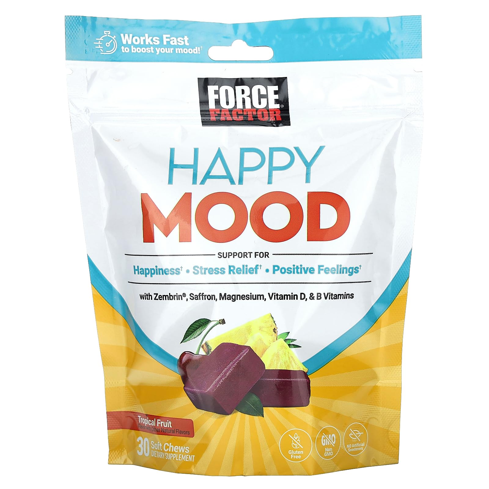 FORCE FACTOR Happy Mood, Mood Support and Mood Balance Supplement to Support Happiness, Positivity, and Stress, Made with Magnesium, Saffron, Zembrin, Non-GMO, Tropical Fruit Flavor, 30 Soft Chews Force Factor uk supplements
