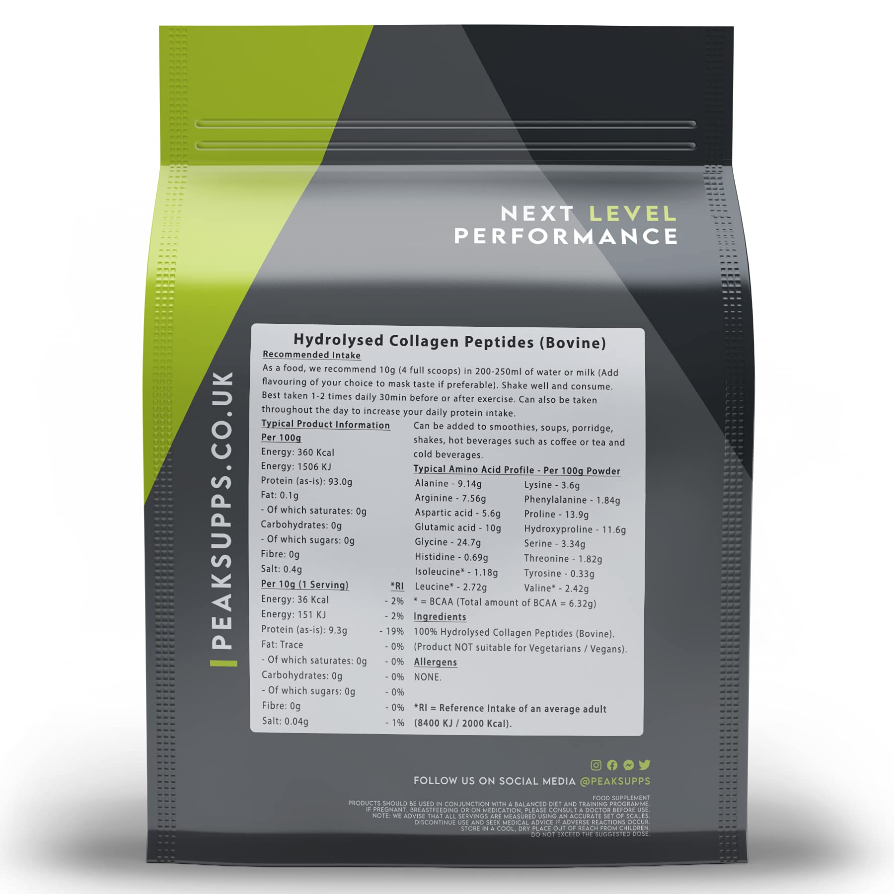 Grass Fed Collagen Powder | Pure Hydrolysed Bovine Protein Peptides (1Kg) Peak Supps uk supplements