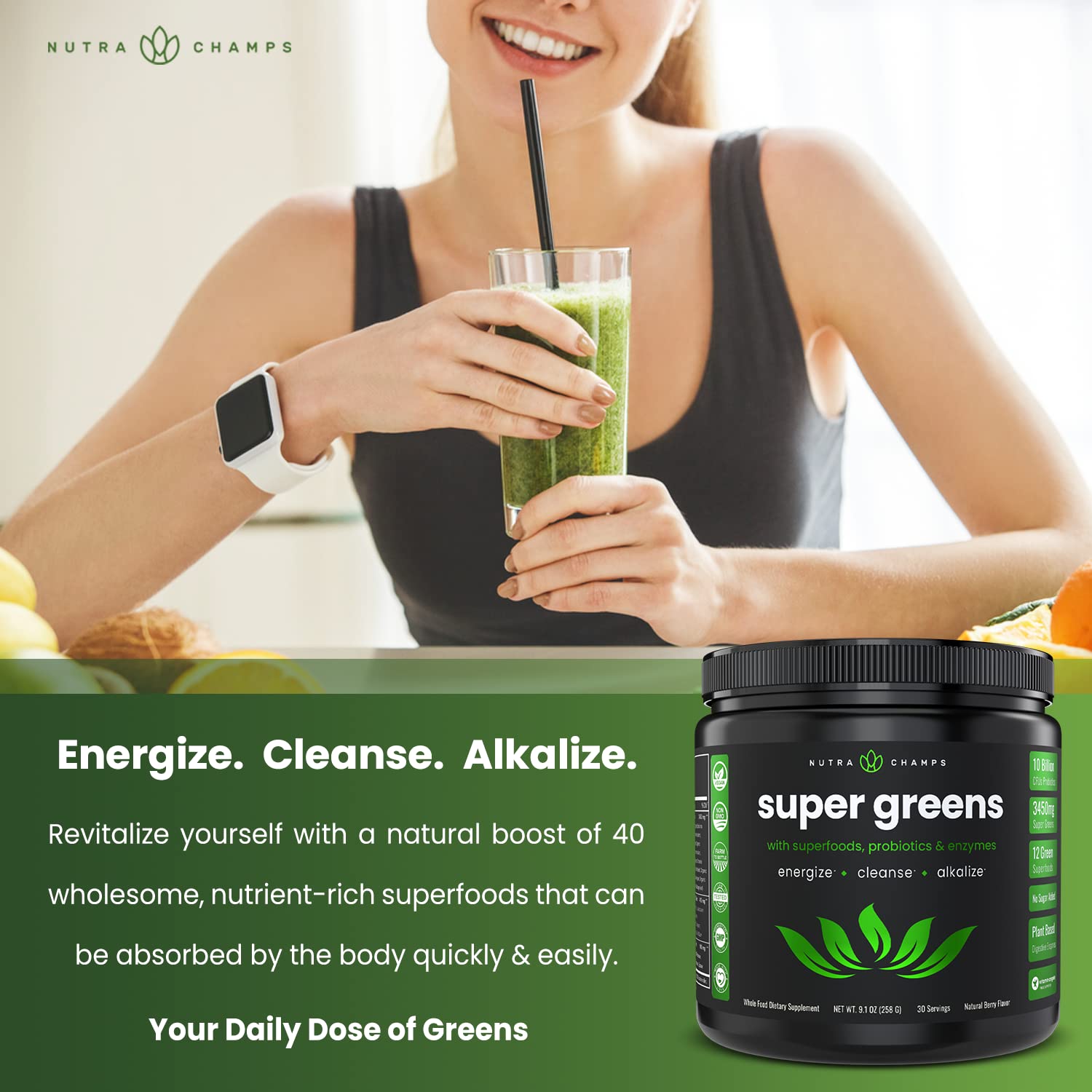 NutraChamps Super Greens Powder Premium Superfood | 20+ Organic NutraChamps uk supplements