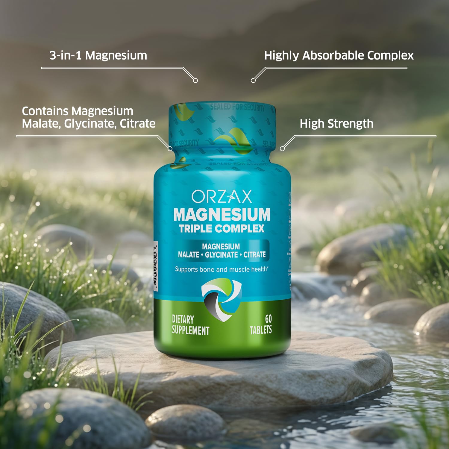 ORZAX Magnesium Triple Complex | Magnesium Glycinate, Citrate, Malate | Vegan, Gluten Free, Dairy Free, Halal | 200 mg of Triple Complex Magnesium for Muscles & Energy for Women and Men | 60 Tablets ORZAX uk supplements