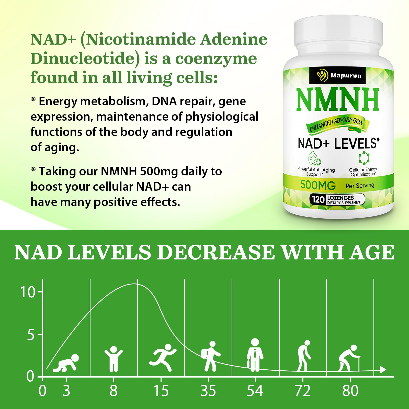 Mapurwn NMNH (Dihydronicotinamide Mononucleotide), NMN Supplement, 500mg per Serving NAD Supplement to Boost NAD+ Levels As We Age for Women & Men, Anti-Aging, Energy, Focus, 120 Count Mapurwn uk supplements