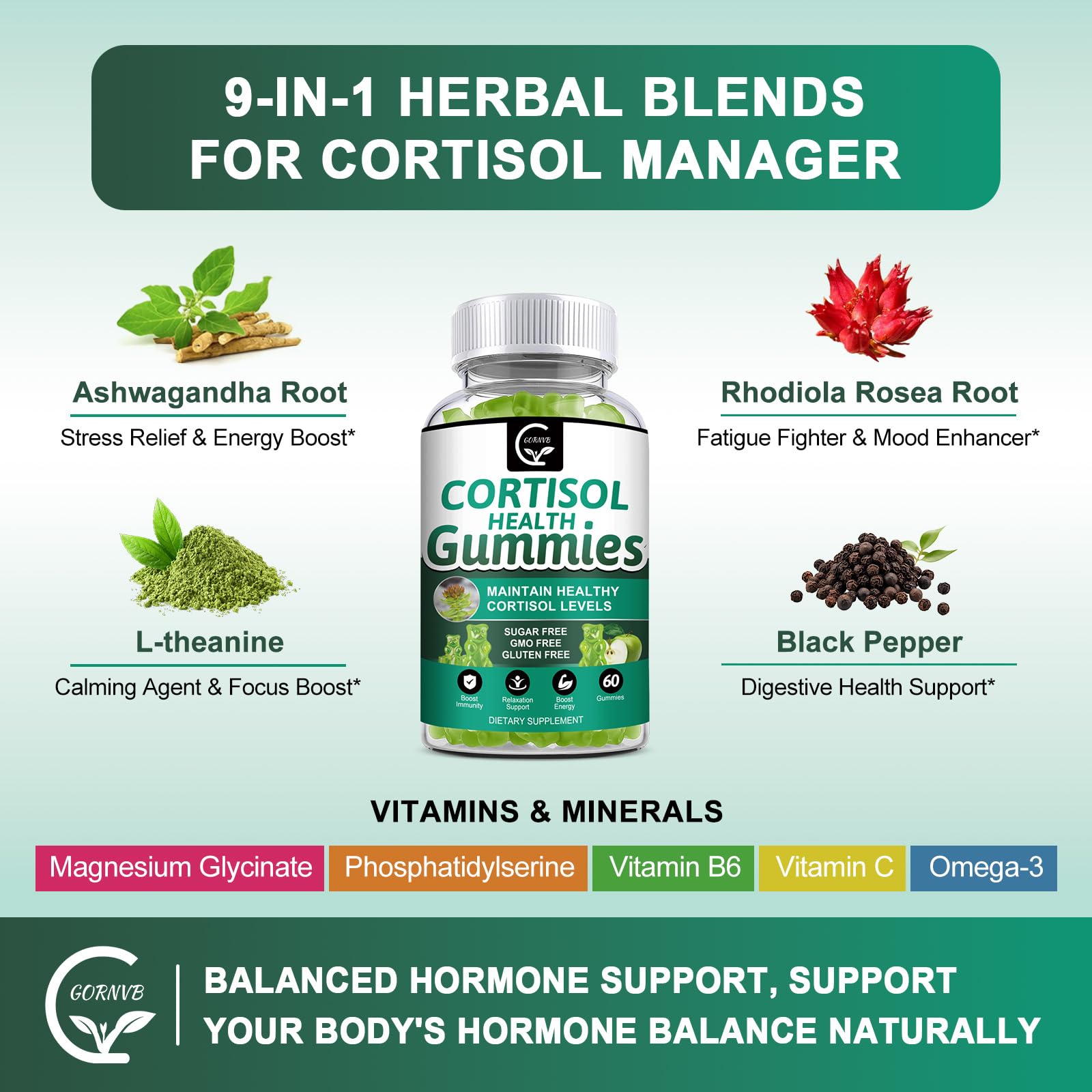 GORNVB Cortisol Gummies, Cortisol Supplement for Women with Magnesium, Ashwagandha, Rhodiola, Phosphatidylserine, L-Theanine, Black Pepper, Vitamin C & B6 - Relaxation, Focus, Sleep Support - 2 Pack GORNVB uk supplements