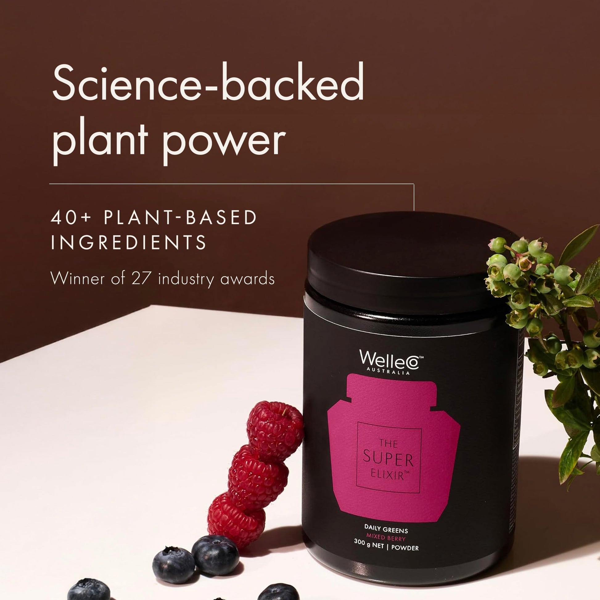 WelleCo The Super Elixir Daily Greens Powder, Probiotic Drink Mix with Whole Foods, Gluten Free, Vegan Gut Health Powder, Energy, Immunity, Healthy Skin, Hair & Nails (300g, Mixed Berry) WelleCo uk supplements