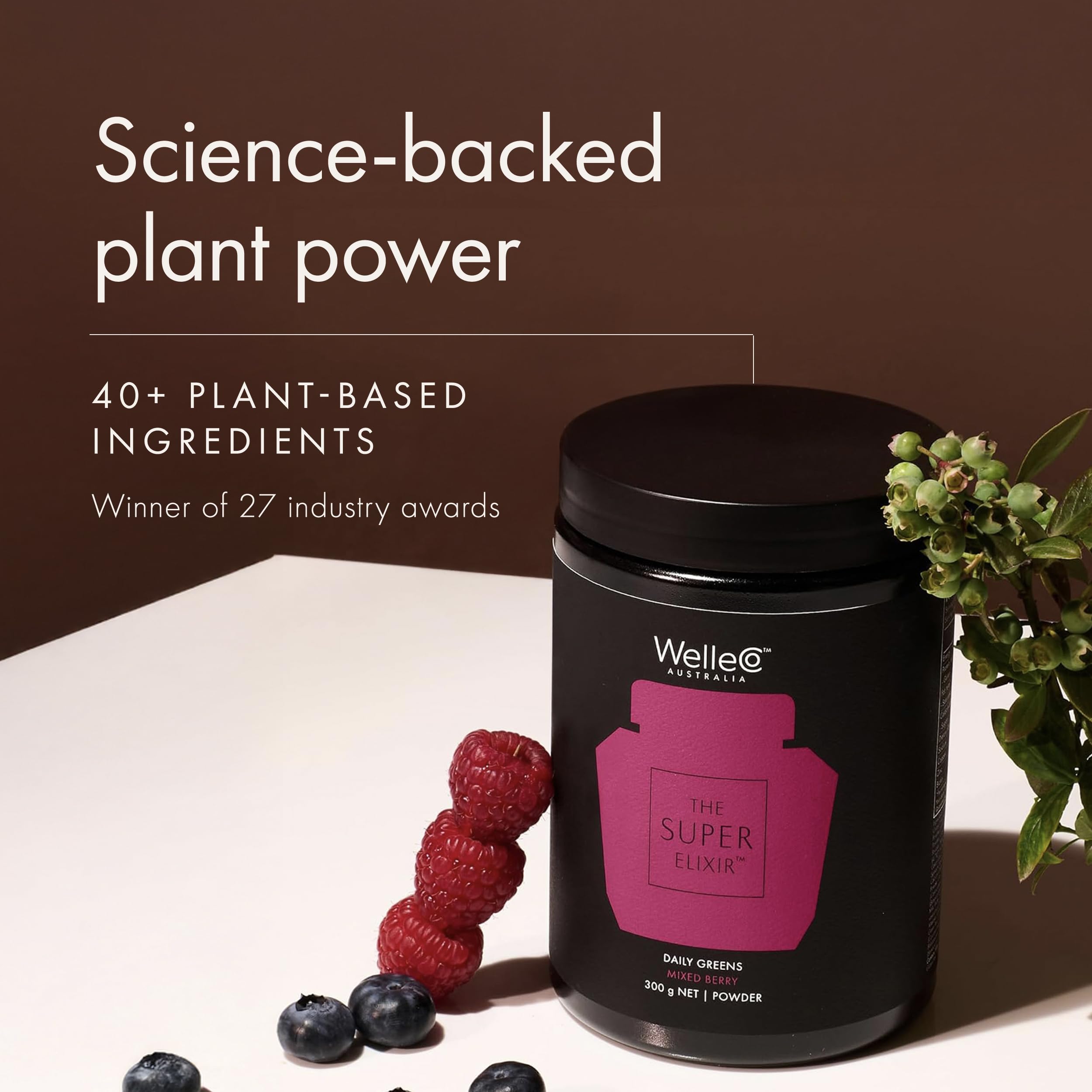 WelleCo The Super Elixir Daily Greens Powder, Probiotic Drink Mix with Whole Foods, Gluten Free, Vegan Gut Health Powder, Energy, Immunity, Healthy Skin, Hair & Nails (300g, Mixed Berry) WelleCo uk supplements
