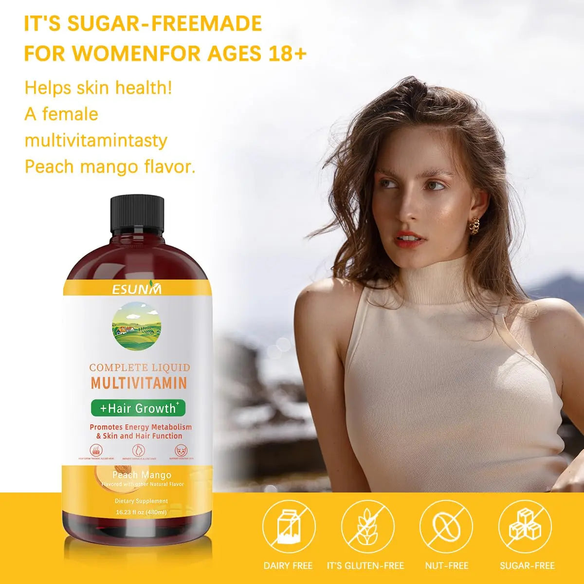 ESUNM Complete Liquid Multivitamin + Hair Growth, Promotes Energy Metabolism& Skin and Hair Function| Vitamin C D | B Vitamins | ESUNM uk supplements