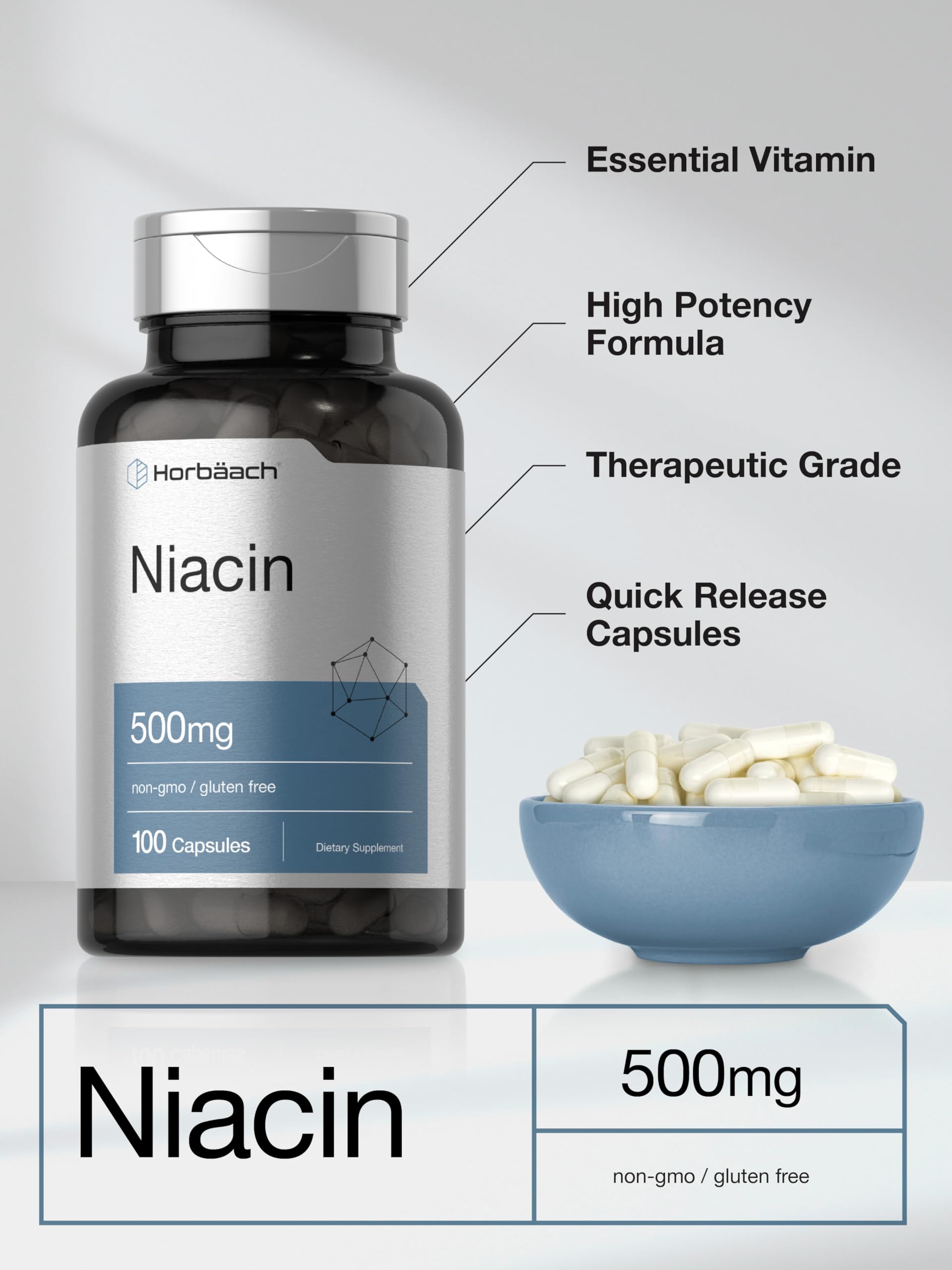 Niacin | Vitamin B3 500mg | 100 Capsules | with Flushing | Non-GMO, and Gluten Free Horbäach uk supplements