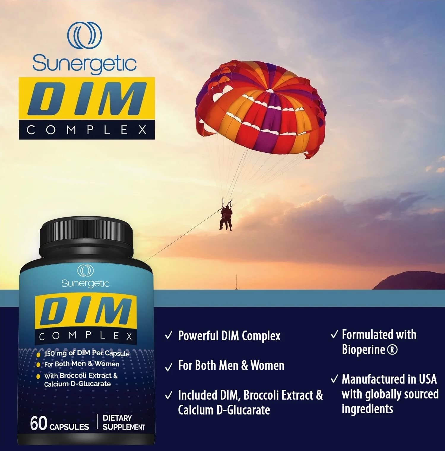 Premium DIM Supplement–Includes 150mg DIM (diindolylmethane), Broccoli, Calcium D Sunergetic uk supplements