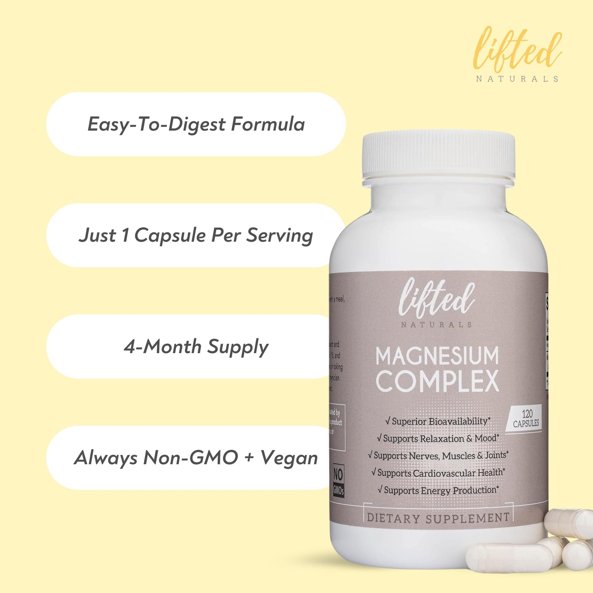 Magnesium Complex - Lifted Naturals Magnesium Supplement w/Bisglycinate, Malate, Taurate - 120 Capsules - Bioavailable Magnesium Formula for Mood, Sleep, Energy Support* Lifted Naturals uk supplements