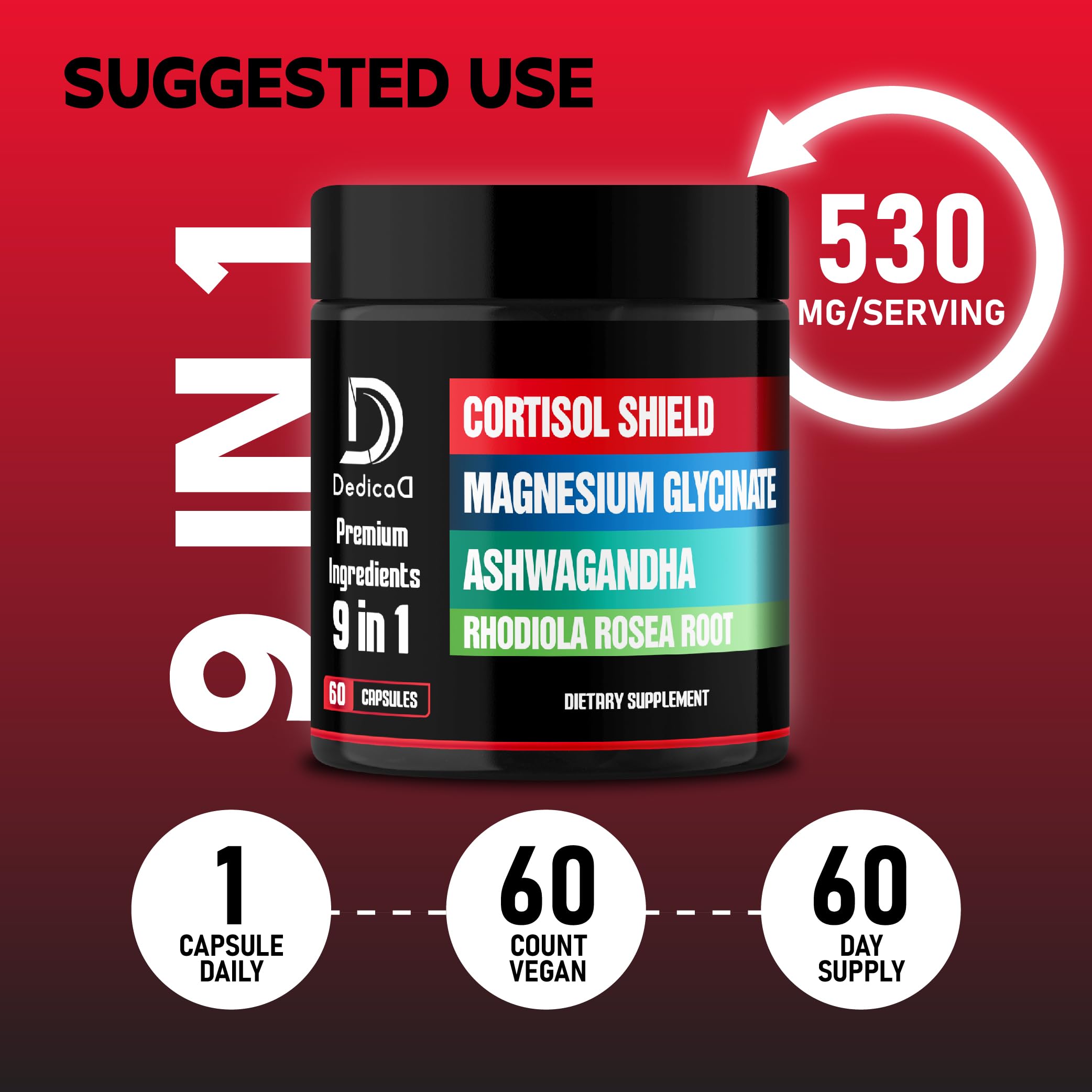 DEDICAD 9in1 Cortisol Shield - Magnesium Glycinate & Ashwagandha with Rhodiola, Phosphatidylserine, Passion Flower, L-Theanine, Apigenin, Licorice, Magnolia - Rest Well & Mood Balance - 60 Count DEDICAD uk supplements