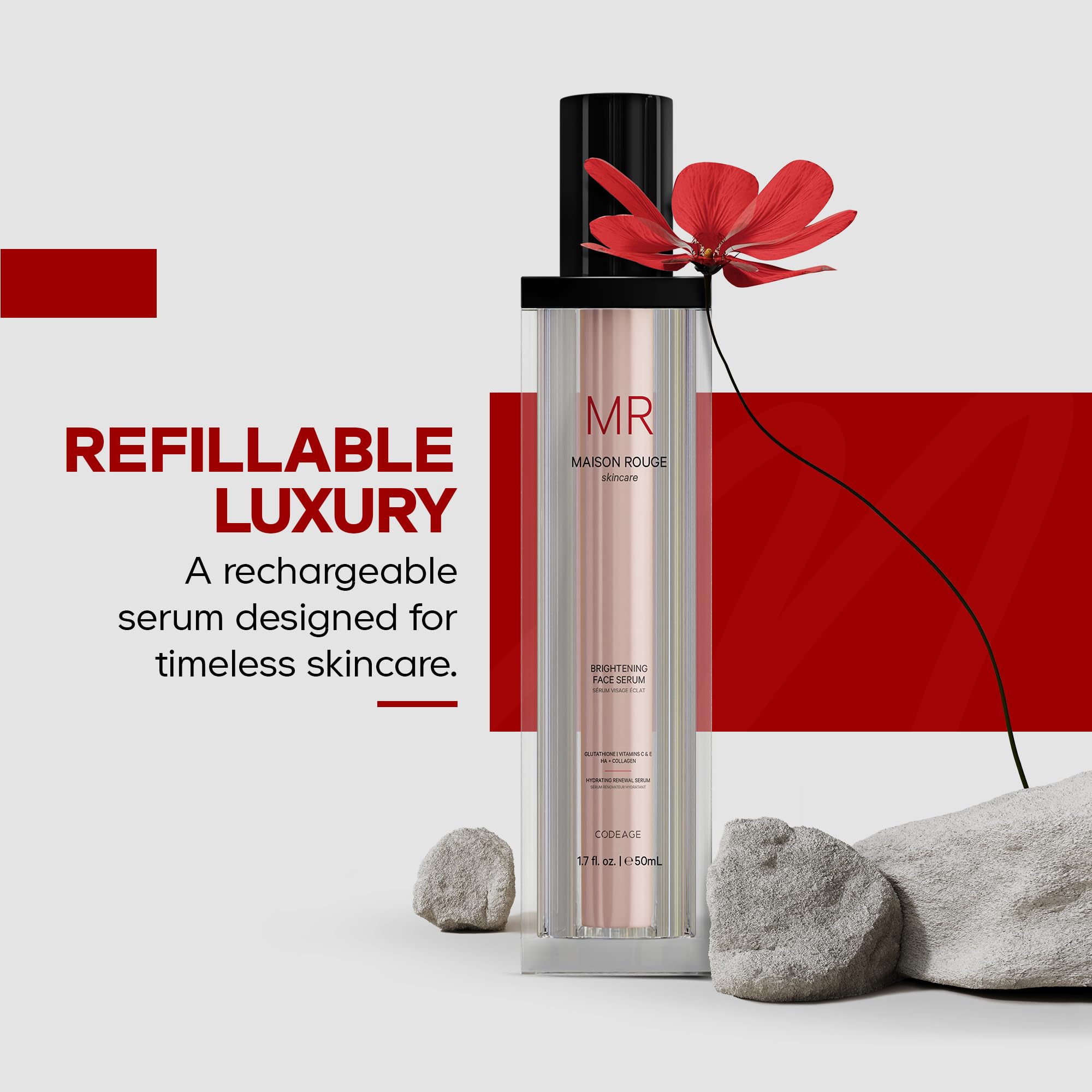 Maison Rouge Brightening Face Serum by Codeage - Glutathione Serum, Vitamin C, E, Hyaluronic Acid, Collagen - Radiance Enhancing - Parabens and Sulfates-Free - Refillable - All Skin Types - 1.7 fl oz Codeage uk supplements