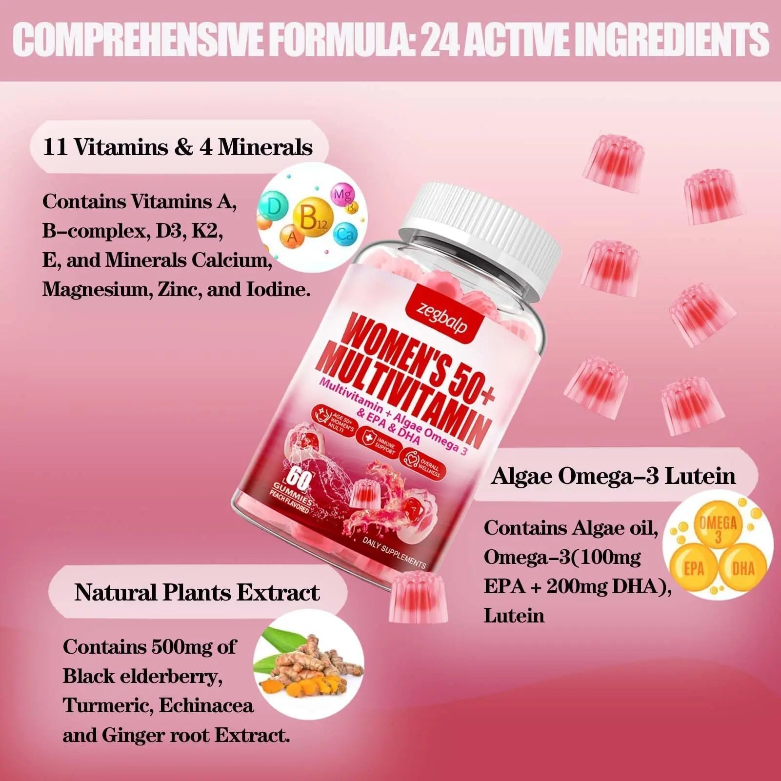 ZEGBALP Sugar-Free Womens Multivitamin 50 Plus Gummies with Calcium, Magnesium, Zinc, Vitamin A, C, D3, E, K2, B Complex, Folate, Biotin ZEGBALP uk supplements