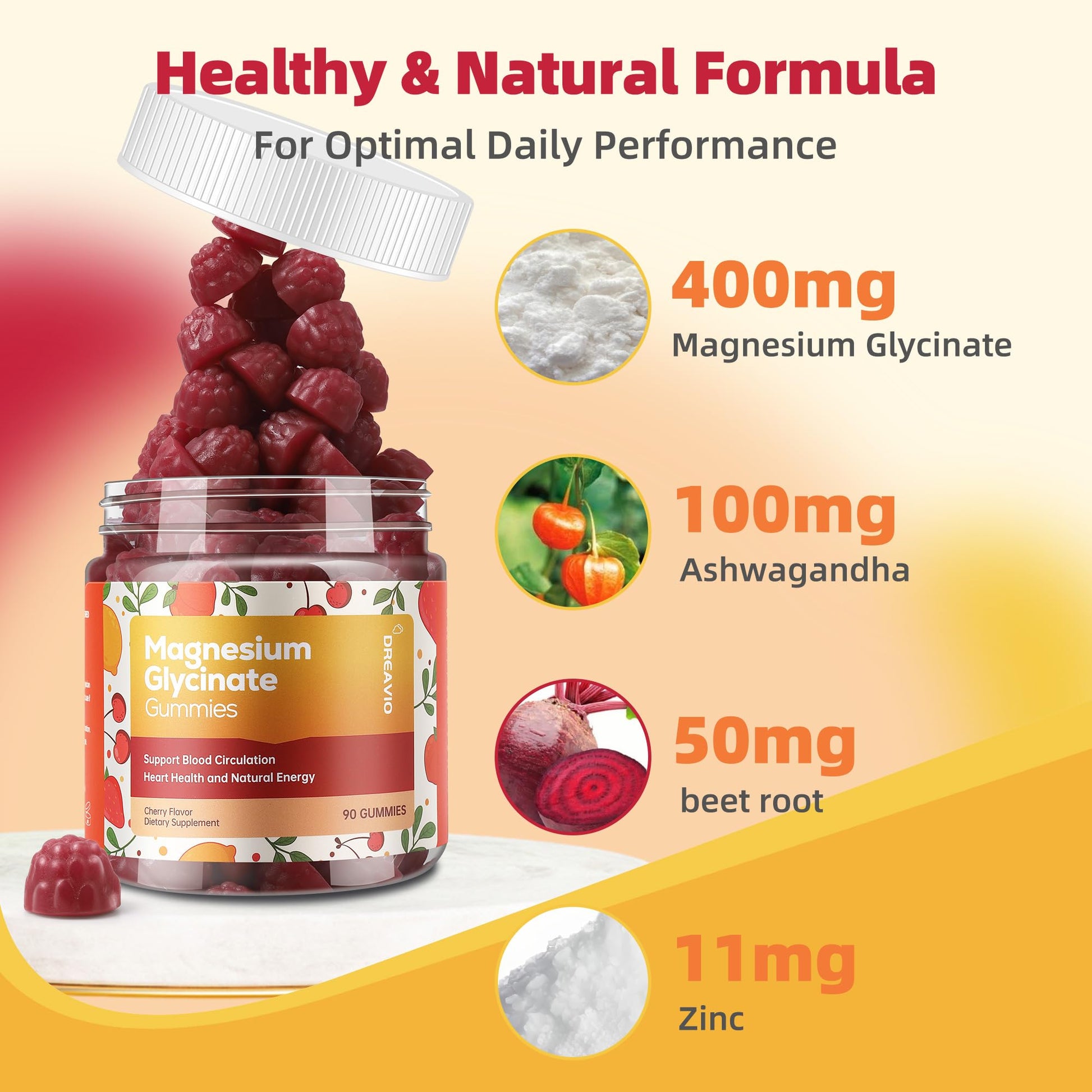 DREAVIO 90 Count Magnesium Glycinate Gummies 400mg w/Ashwagandha Supplement - Sugar Free Zinc Magnesium Glycinate Supplement Ashwagandha Gummies for Adults DREAVIO uk supplements