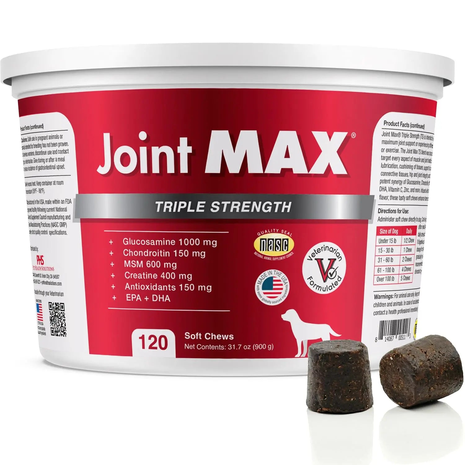 Joint Max TS Joint Supplement Vet Formulated Pain & Inflammation Relief Treats Hip Dysplasia & Arthritis, Glucosamine, Chondroitin, Turmeric, MSM, HA, Creatine, Omega 3 EPA + DHA.120 Soft Chews Joint Max uk supplements