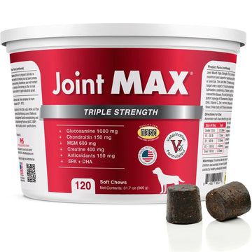 Joint Max TS Joint Supplement Vet Formulated Pain & Inflammation Relief Treats Hip Dysplasia & Arthritis, Glucosamine, Chondroitin, Turmeric, MSM, HA, Creatine, Omega 3 EPA + DHA.120 Soft Chews Joint Max uk supplements