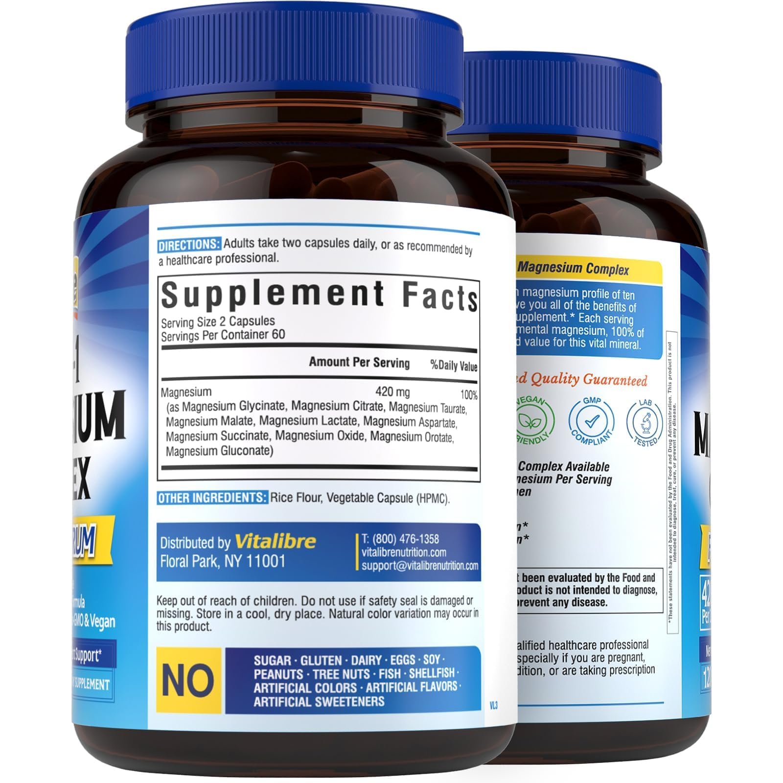 Vitalibre 10 in 1 Magnesium Complex, 420mg Elemental Magnesium | Ultra Strength, Max Absorption | Chelated Magnesium Supplement for Nerves, Bone & Heart Health | Non-GMO, 120 Vegan Capsules Vitalibre uk supplements