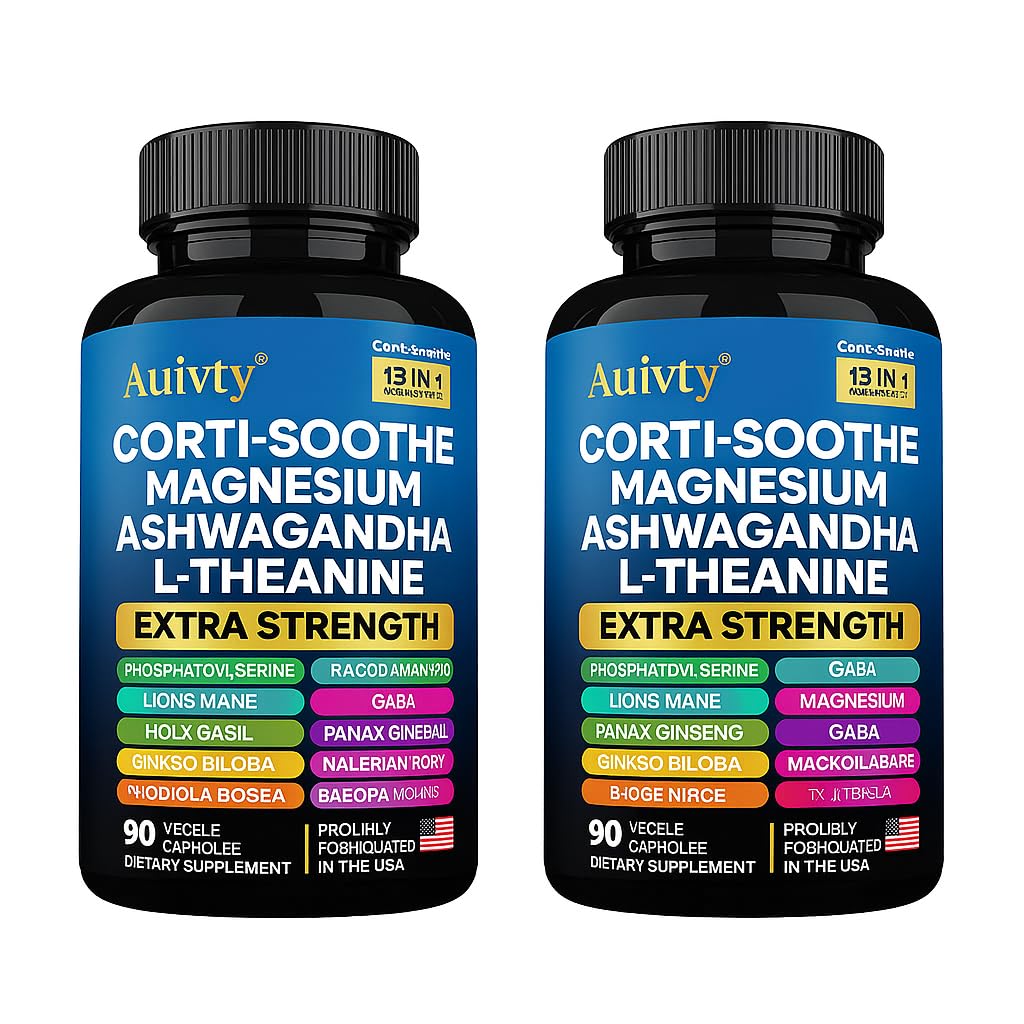 Auivty Cortisol Manager & Adrenal Support - Cortisol Reducer for Stress Relief, Calm & Sleep - 13-in-1 Adaptogen with Ashwagandha & Magnesium - 180 Capsules (2-Pack) Auivty uk supplements