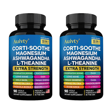Auivty Cortisol Manager & Adrenal Support - Cortisol Reducer for Stress Relief, Calm & Sleep - 13-in-1 Adaptogen with Ashwagandha & Magnesium - 180 Capsules (2-Pack) Auivty uk supplements