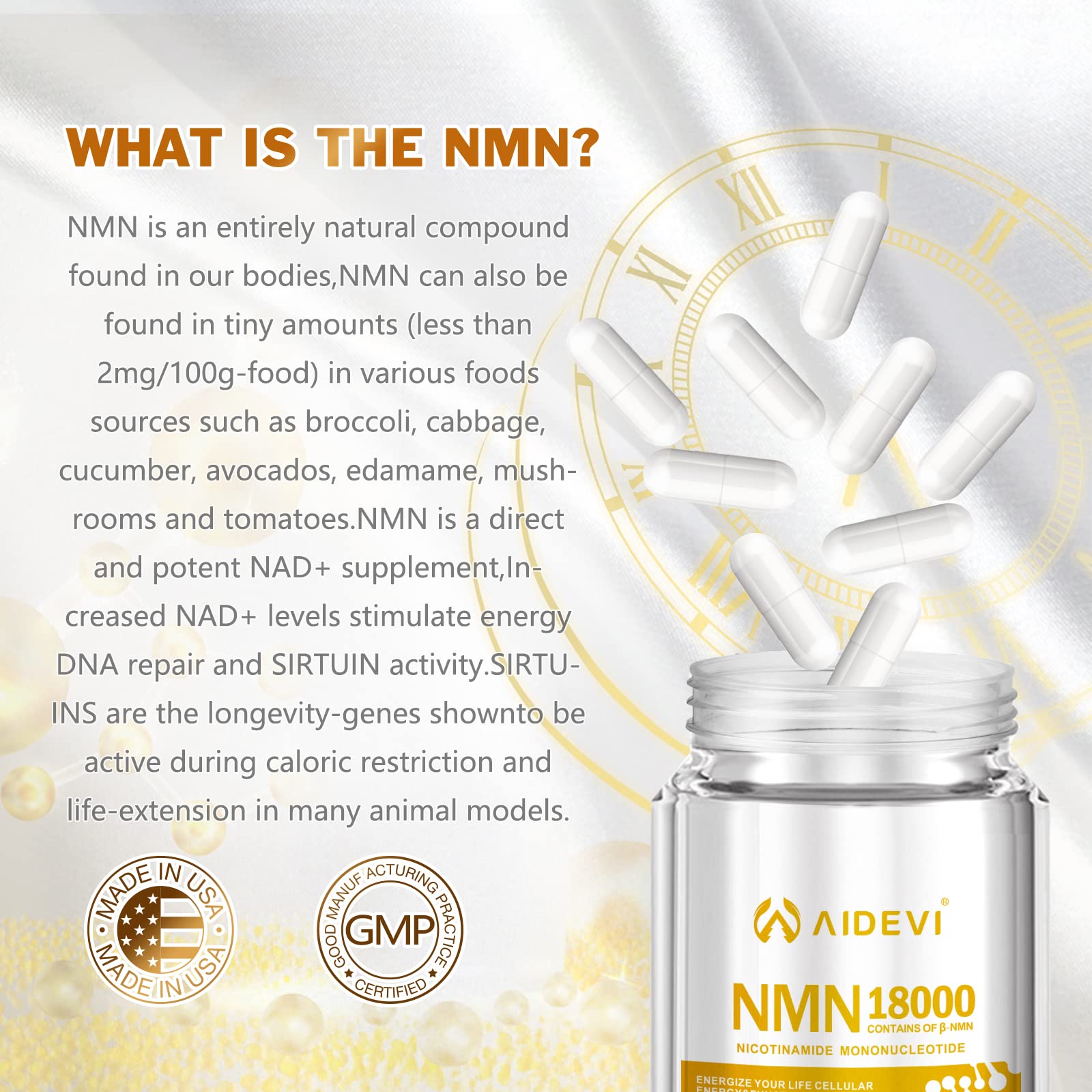 AIDEVI NMN 18000 - Nicotinamide Mononucleotide Supplement with Resveratrol, Stabilized Form & 99% High Purity to Boost NAD+ Levels for DNA Repair Supplement, for Healthy Aging, 60 Capsules AIDEVI uk supplements