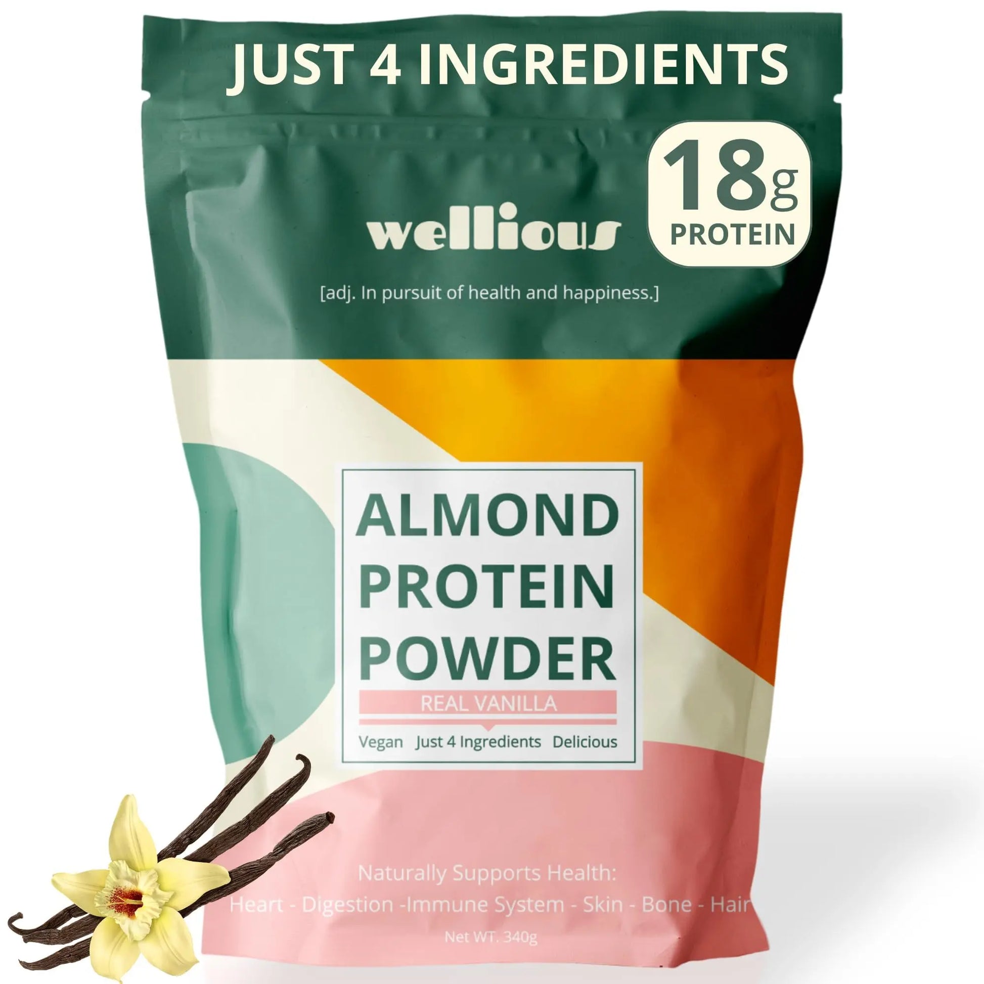 wellious Almond Protein Powder (Vanilla) - 18 Grams of Pure Healthiest Vegan Protein for Women & Men - Perfect Soy-Free & Smooth Gut Friendly Protein Powder for Sports Nutrition wellious uk supplements