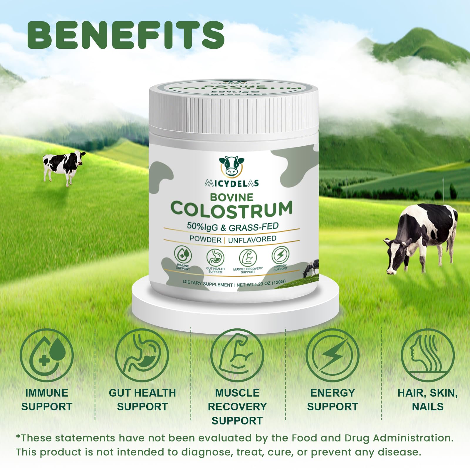 MICYDELAS Bovine Colostrum Supplement Powder 50% IgG Premium Bovine Colostrum for Gut Health Support, Immune Support, Muscle Recovery & Overall Wellness, Grass Fed, Non-GMO, Unflavored, 60 Servings MICYDELAS uk supplements
